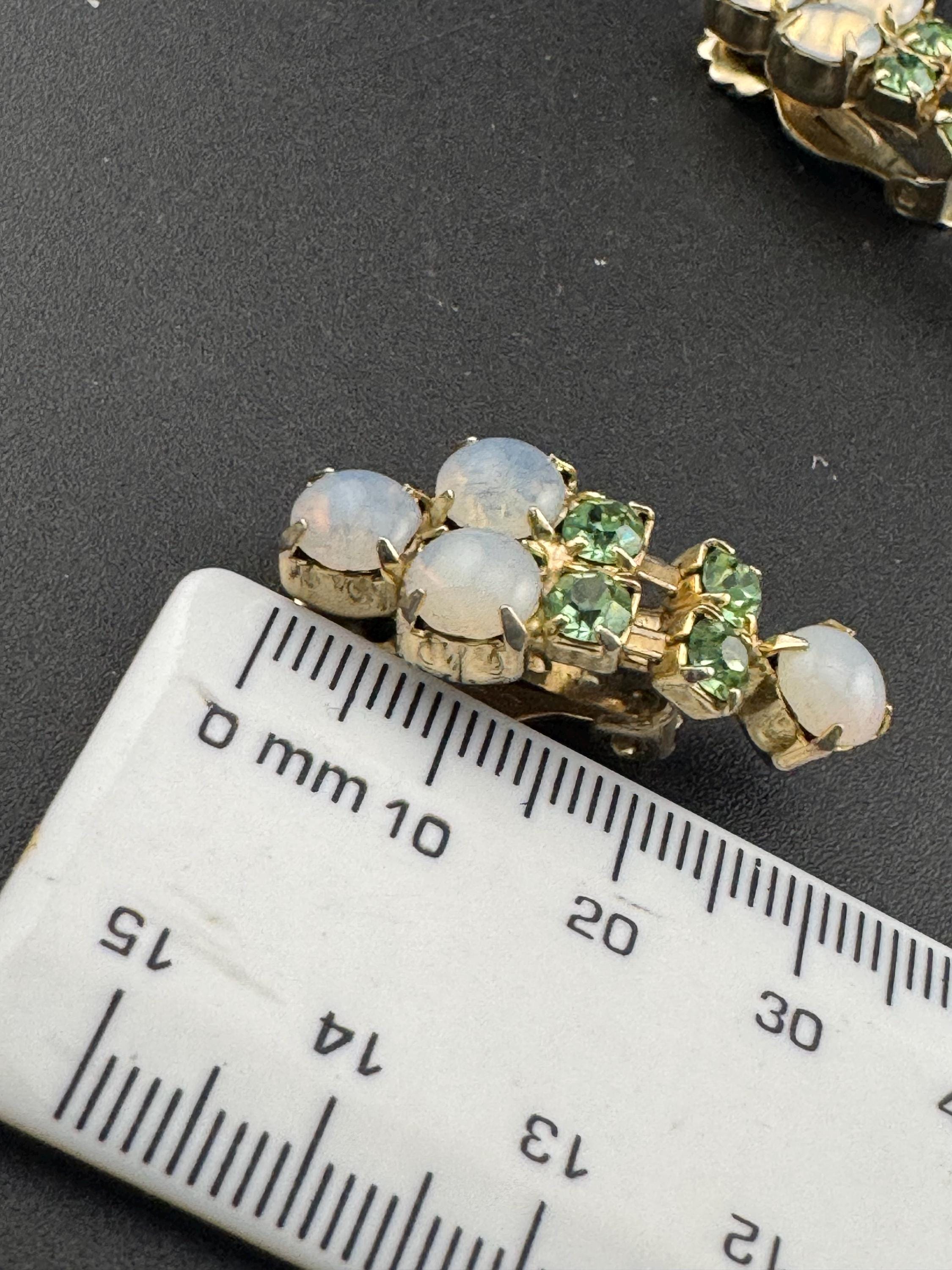 Vintage  light green rhinestone and  faux opaline gold tone diamanté drop Clip On Earrings
