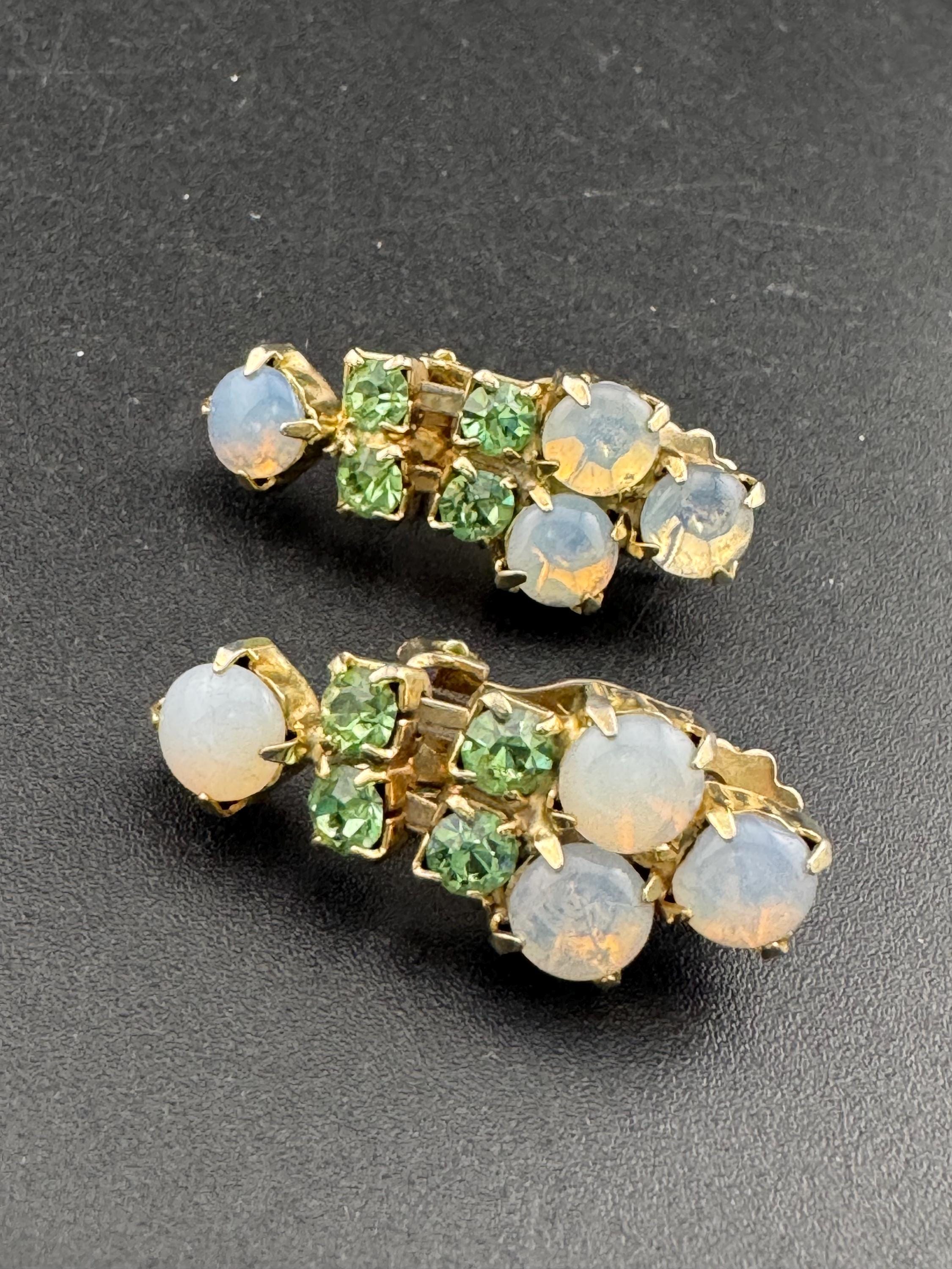 Vintage  light green rhinestone and  faux opaline gold tone diamanté drop Clip On Earrings