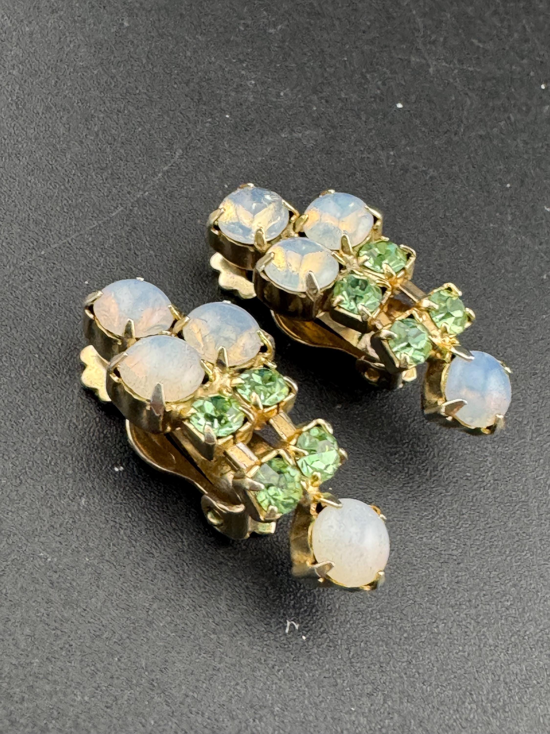 Vintage  light green rhinestone and  faux opaline gold tone diamanté drop Clip On Earrings