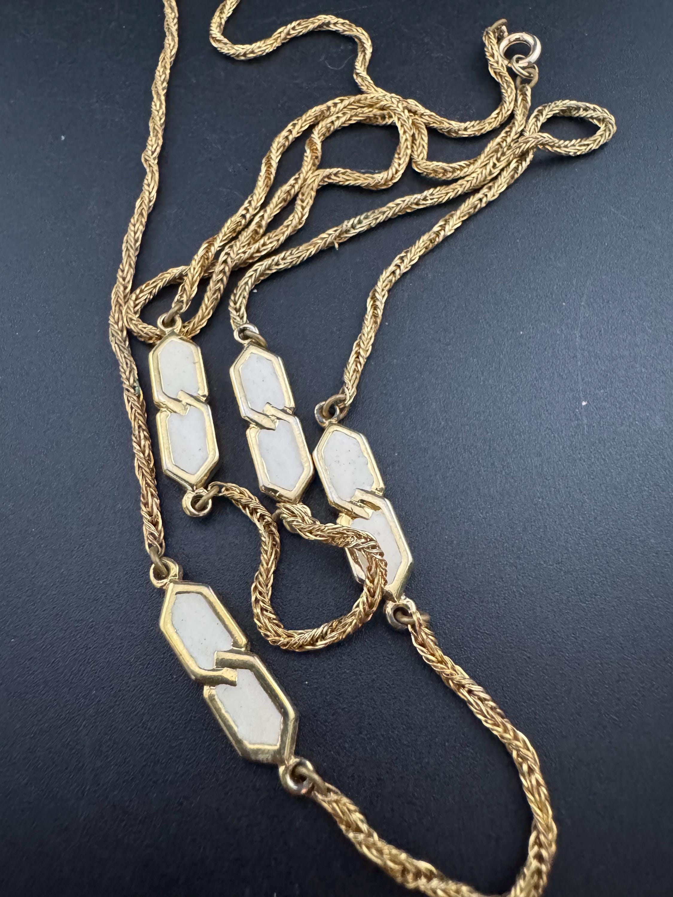 Vintage 84cm long gold tone rope chain cream enamel station necklace