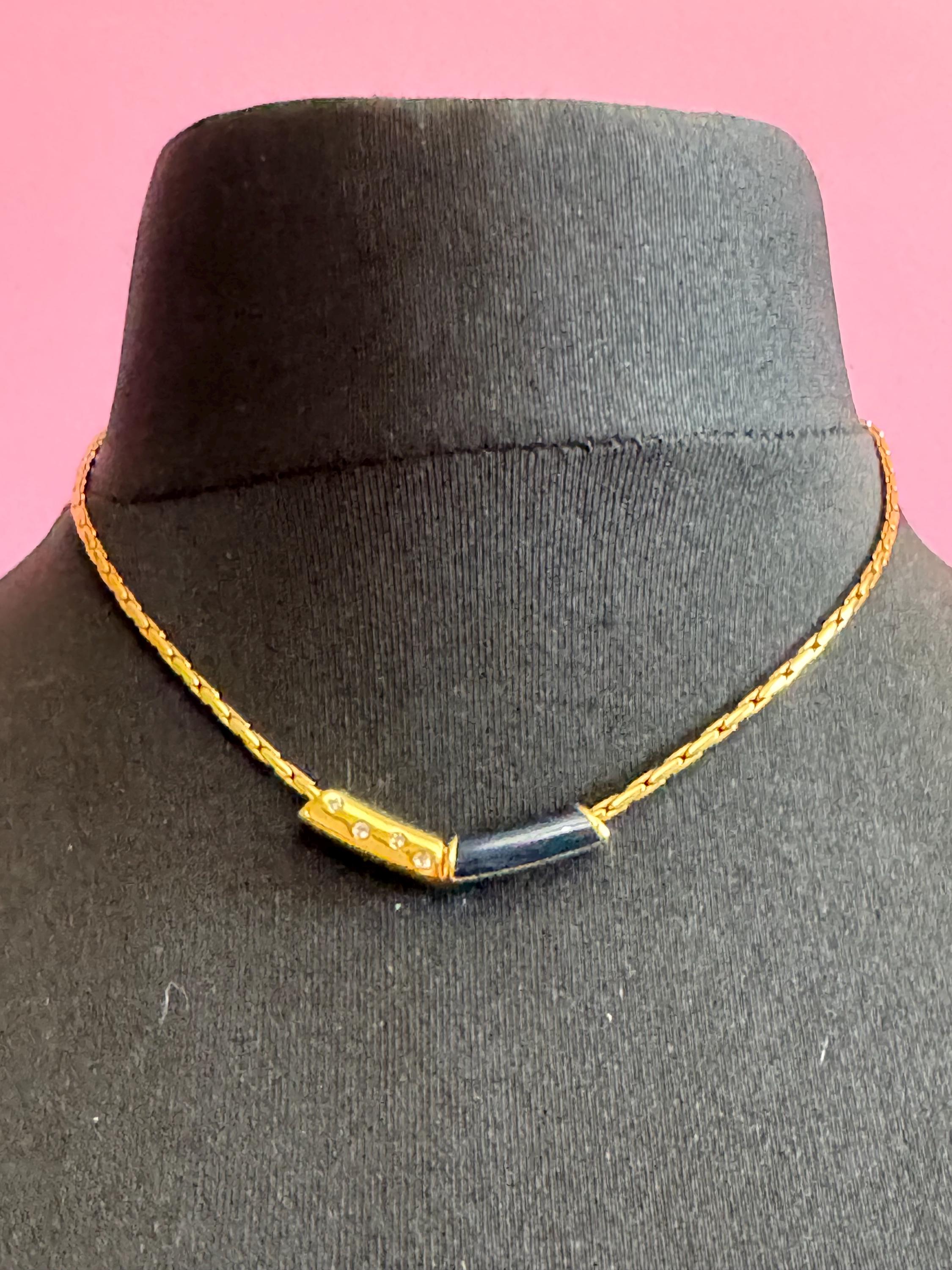 Vintage high end gold plated navy blue enamel beaded dainty necklace 43,  nautical style set with a diamanté crystal