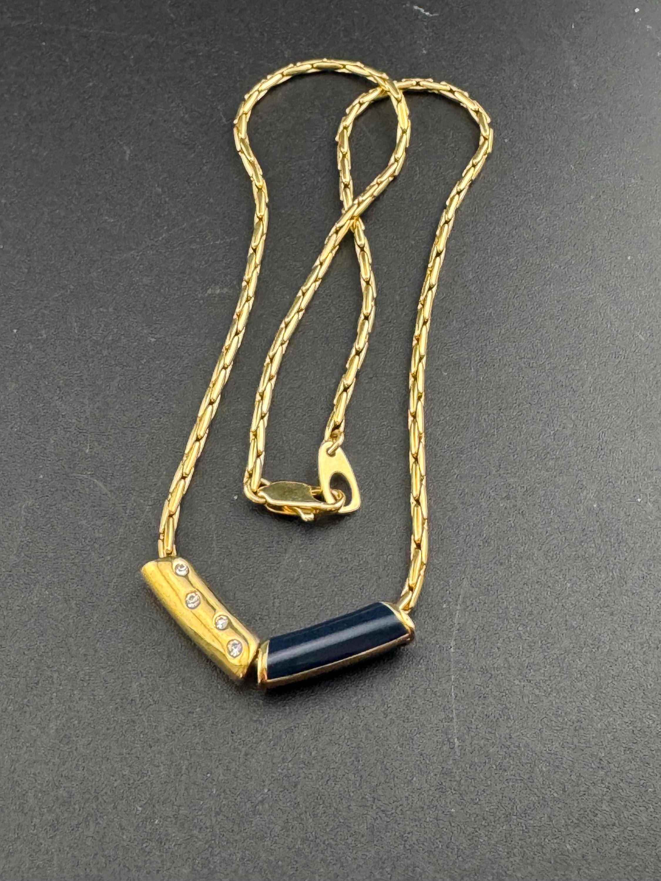 Vintage high end gold plated navy blue enamel beaded dainty necklace 43,  nautical style set with a diamanté crystal