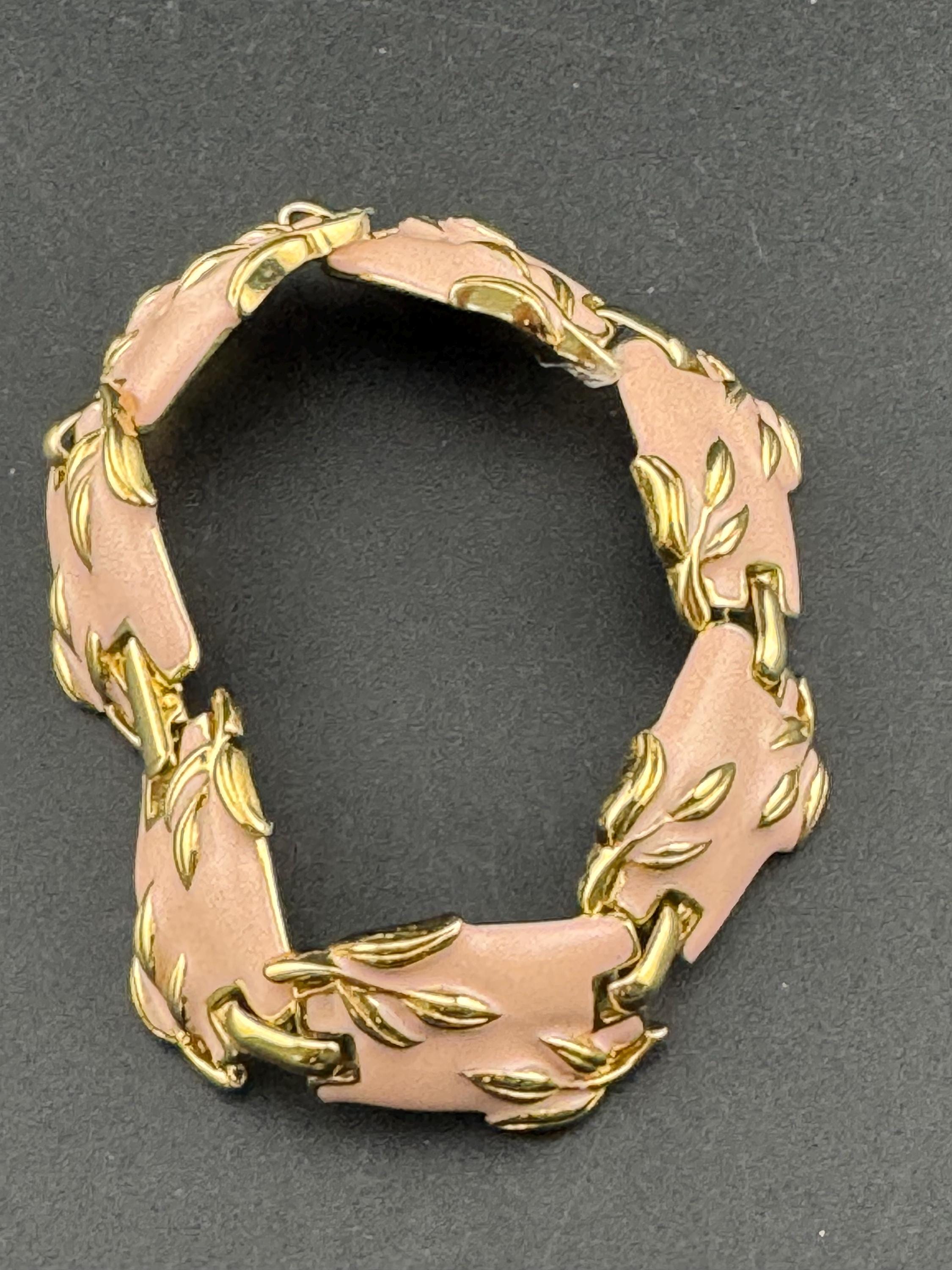 Vintage gold tone chain link soft baby pink enamel panel link bracelet 1990s