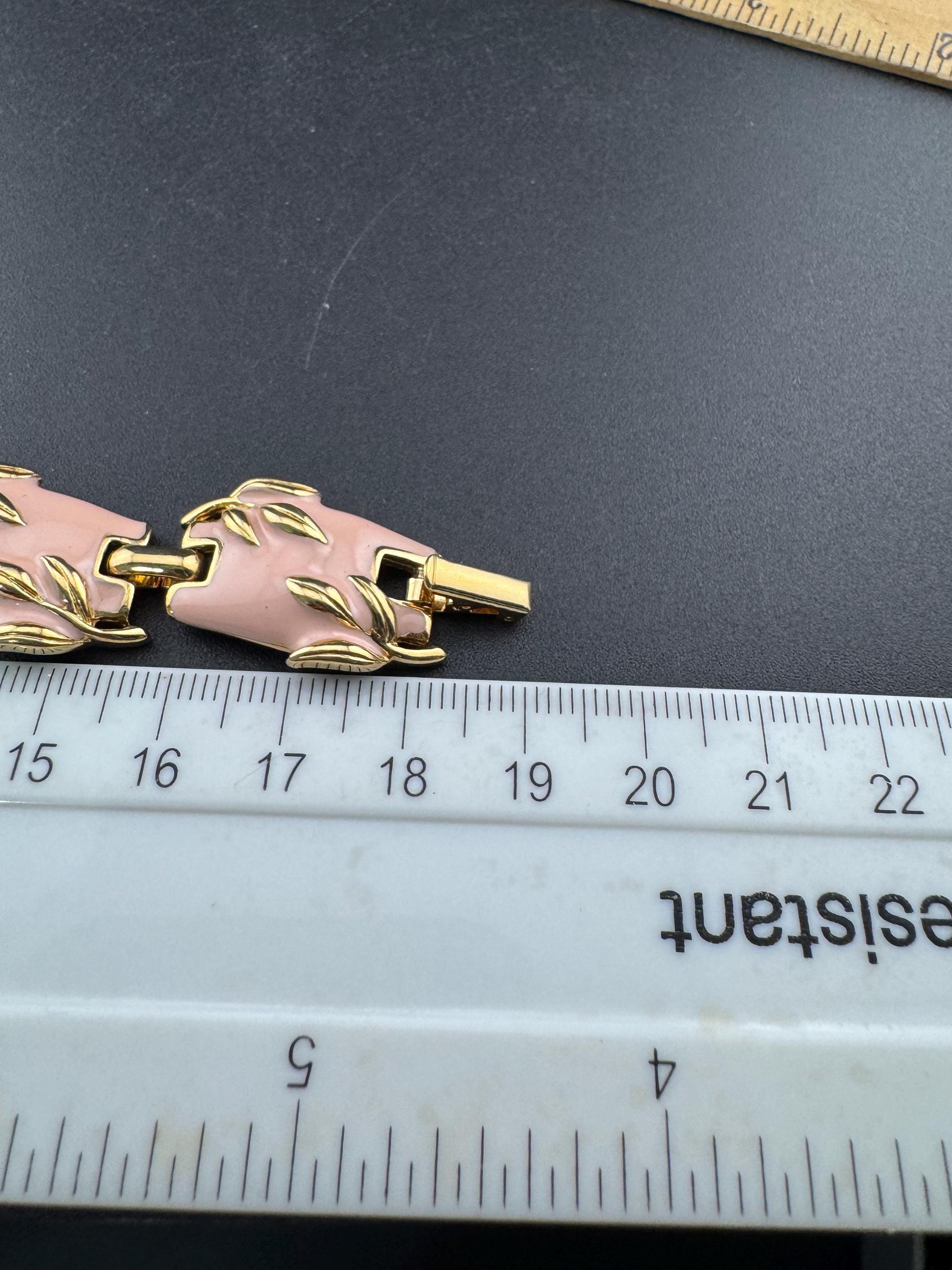 Vintage gold tone chain link soft baby pink enamel panel link bracelet 1990s