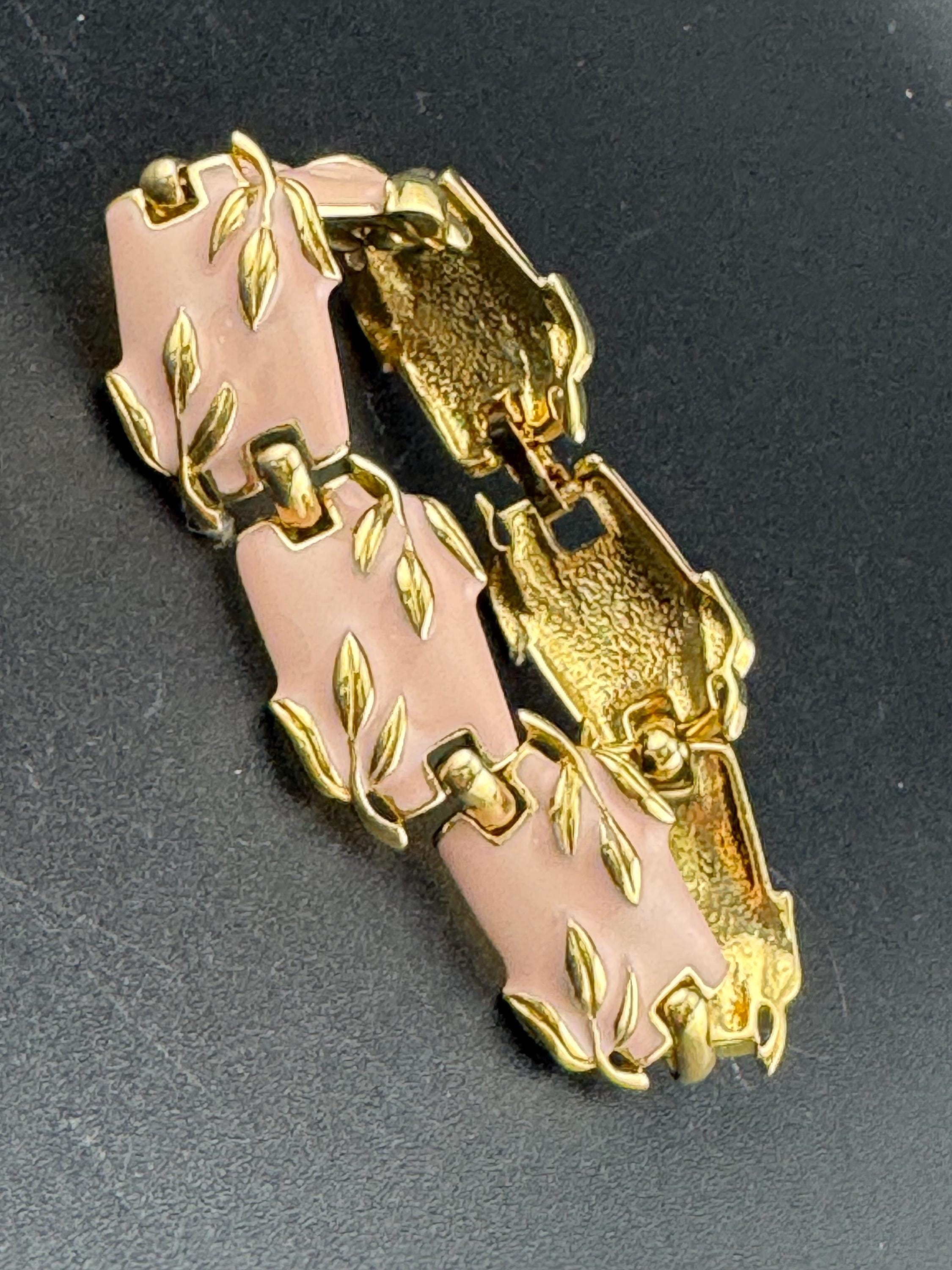 Vintage gold tone chain link soft baby pink enamel panel link bracelet 1990s