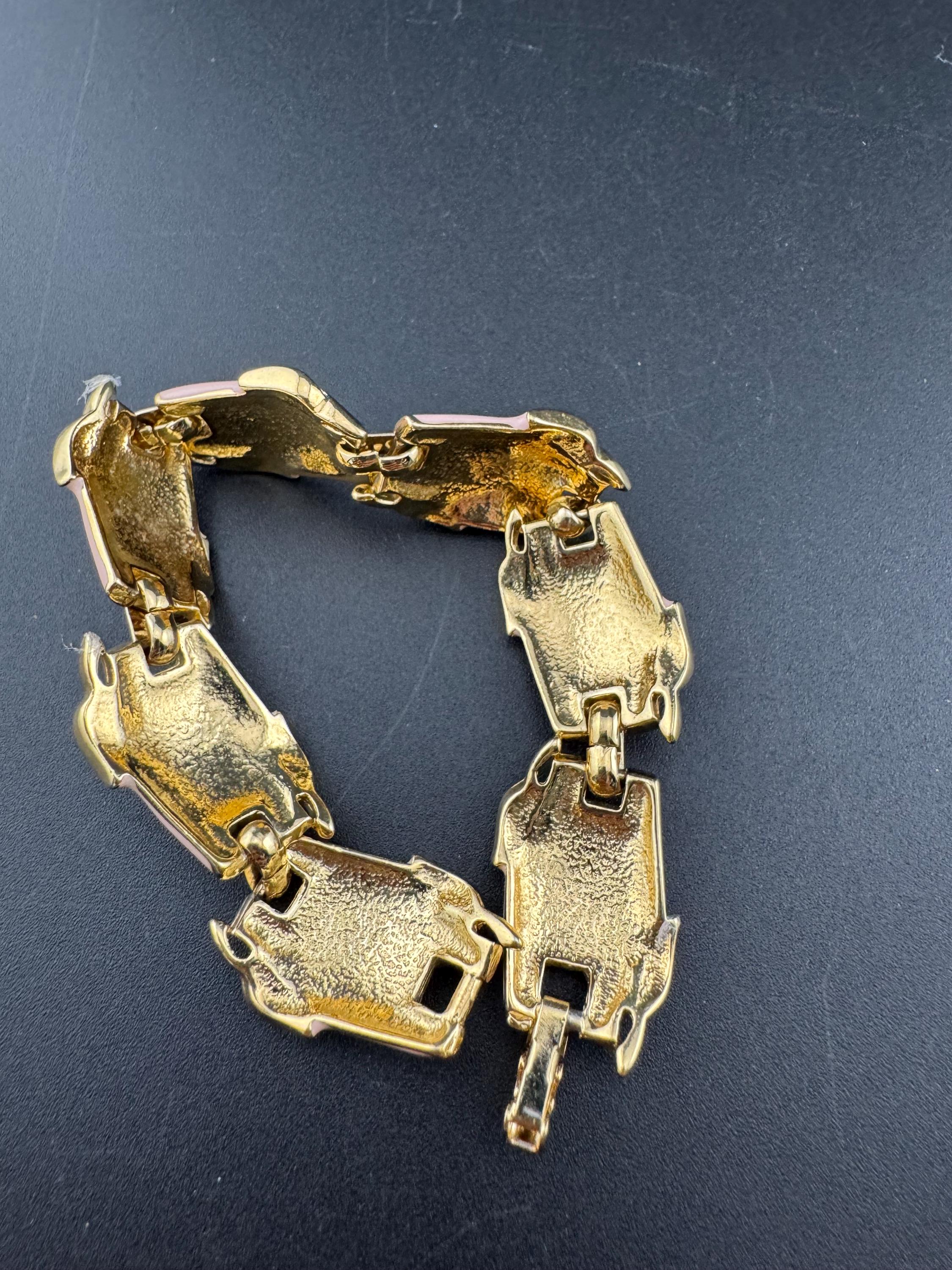 Vintage gold tone chain link soft baby pink enamel panel link bracelet 1990s