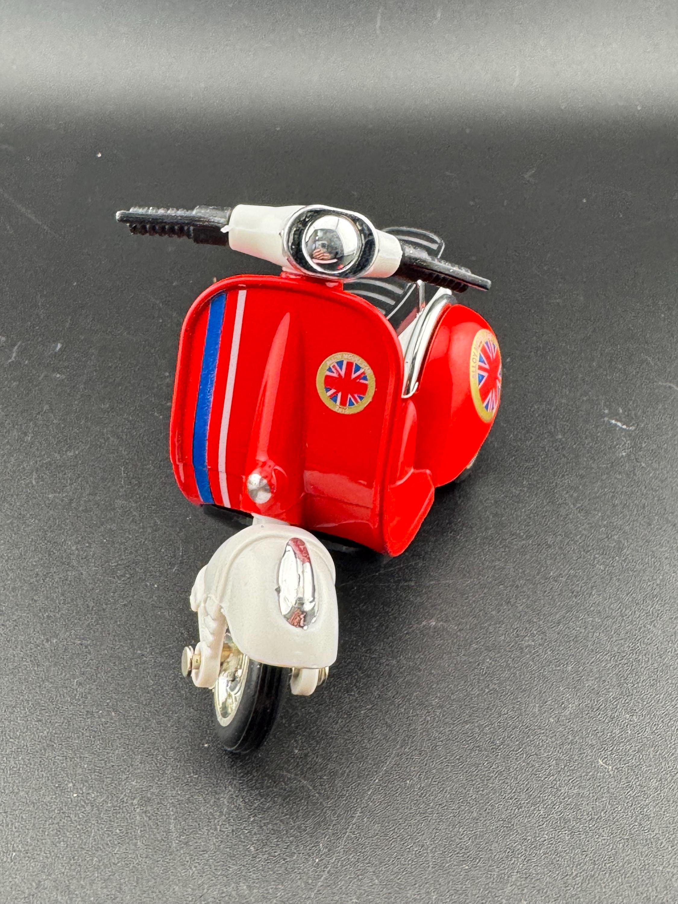 Novelty bright RED scooter motorbike toy birthday cake topper decoration, Union Jack design UK