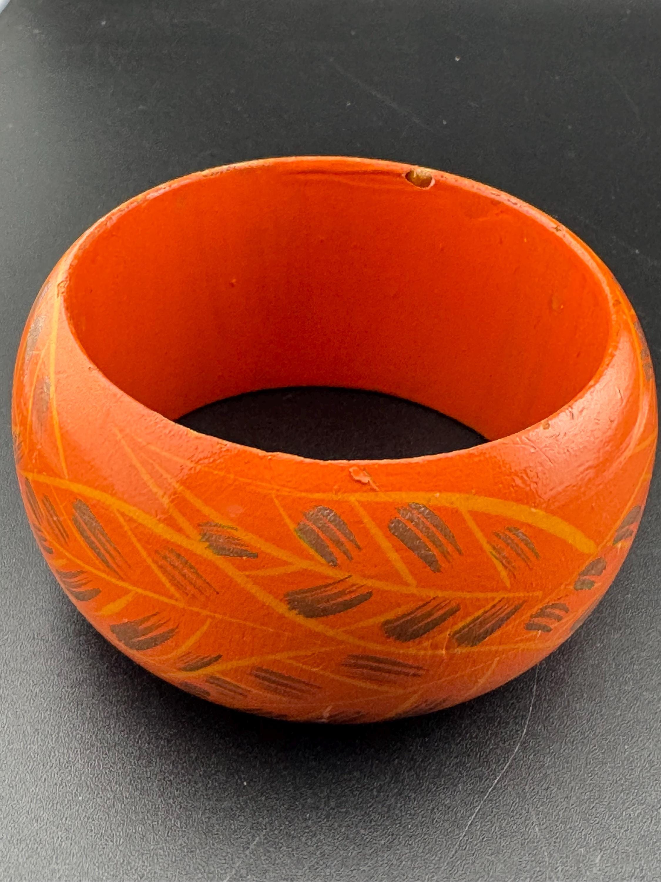 Retro orange silver painted wooden wide bangle bracelet stacking layering Vintage boho festival