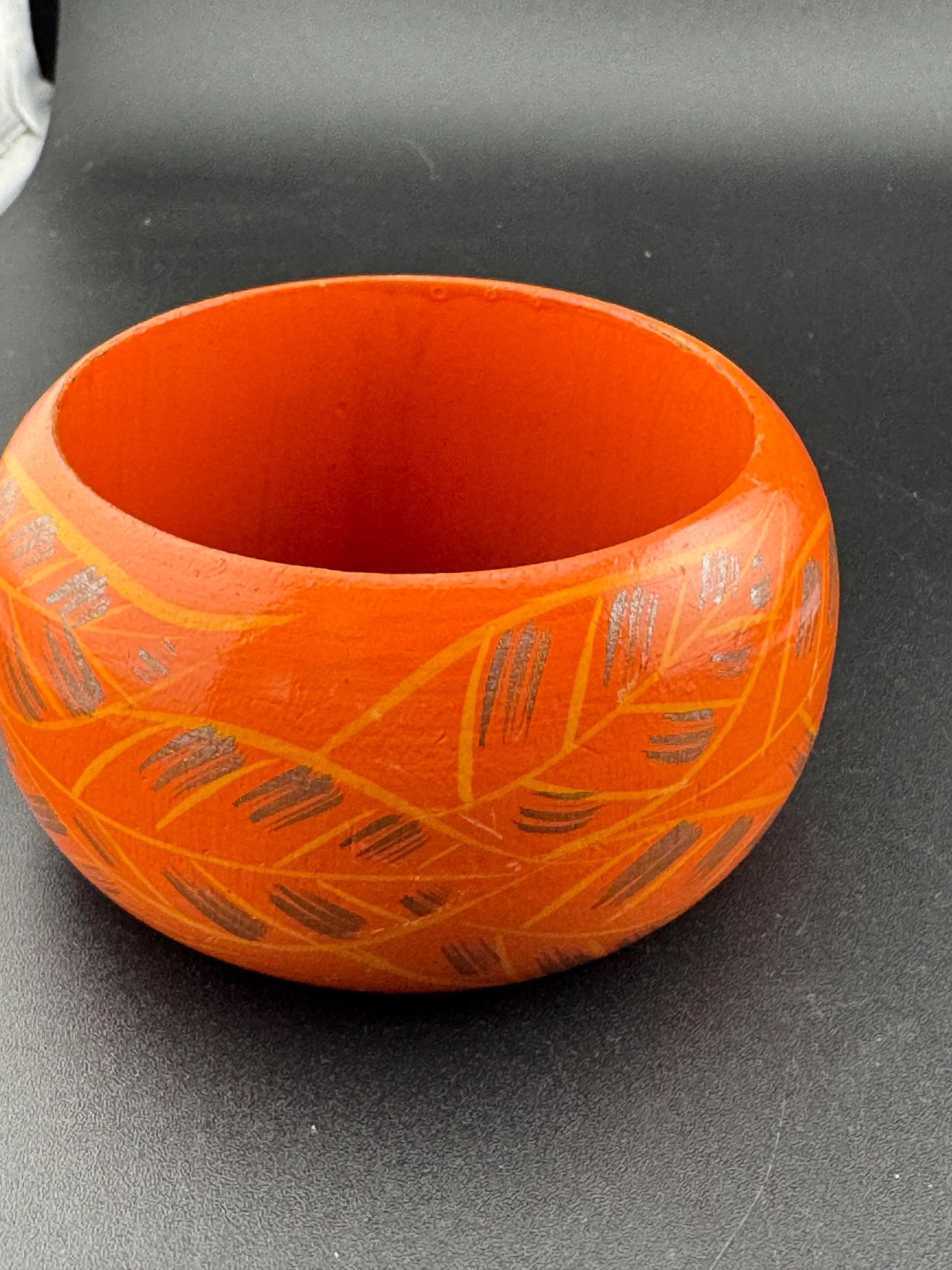 Retro orange silver painted wooden wide bangle bracelet stacking layering Vintage boho festival