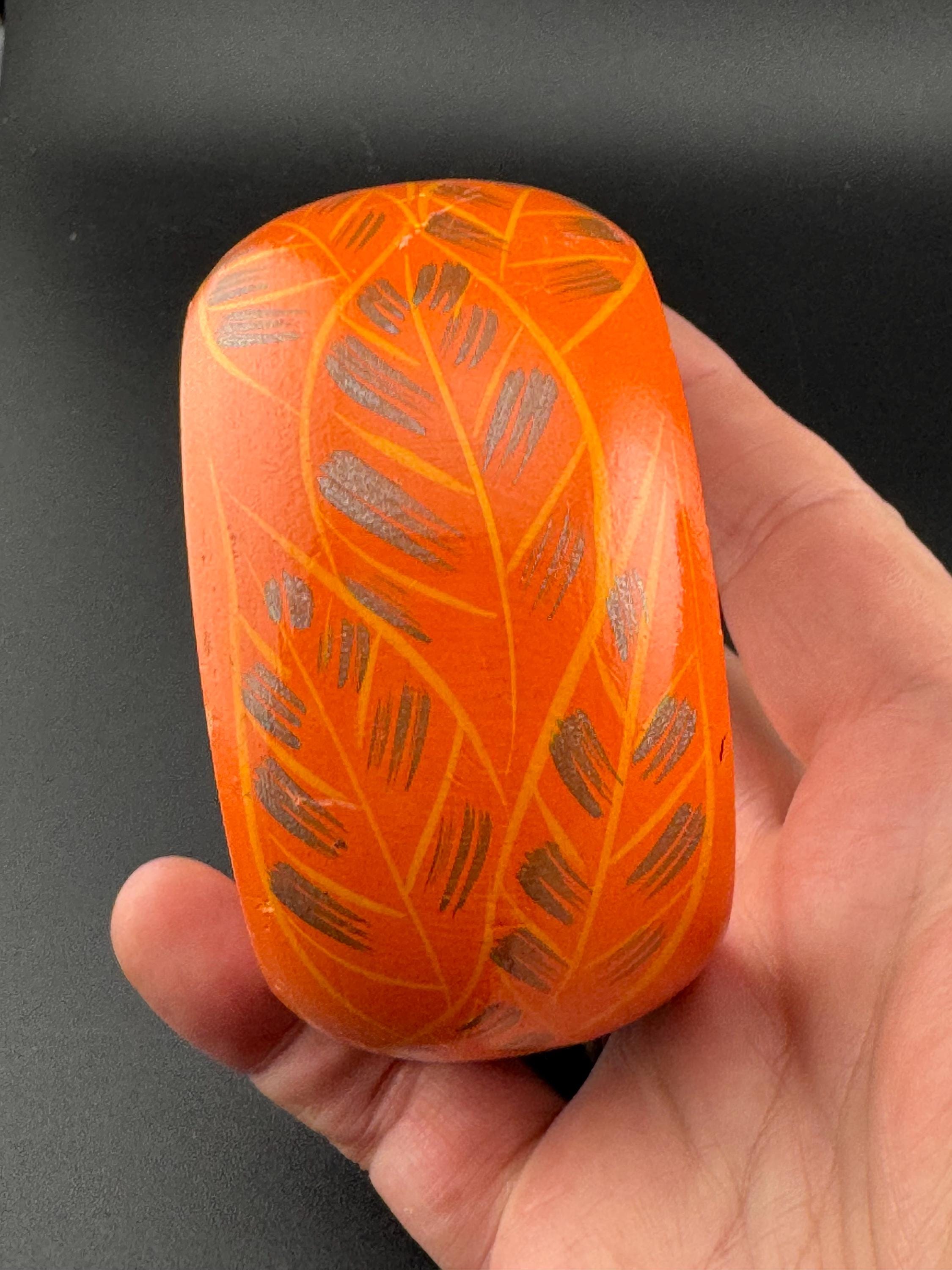 Retro orange silver painted wooden wide bangle bracelet stacking layering Vintage boho festival