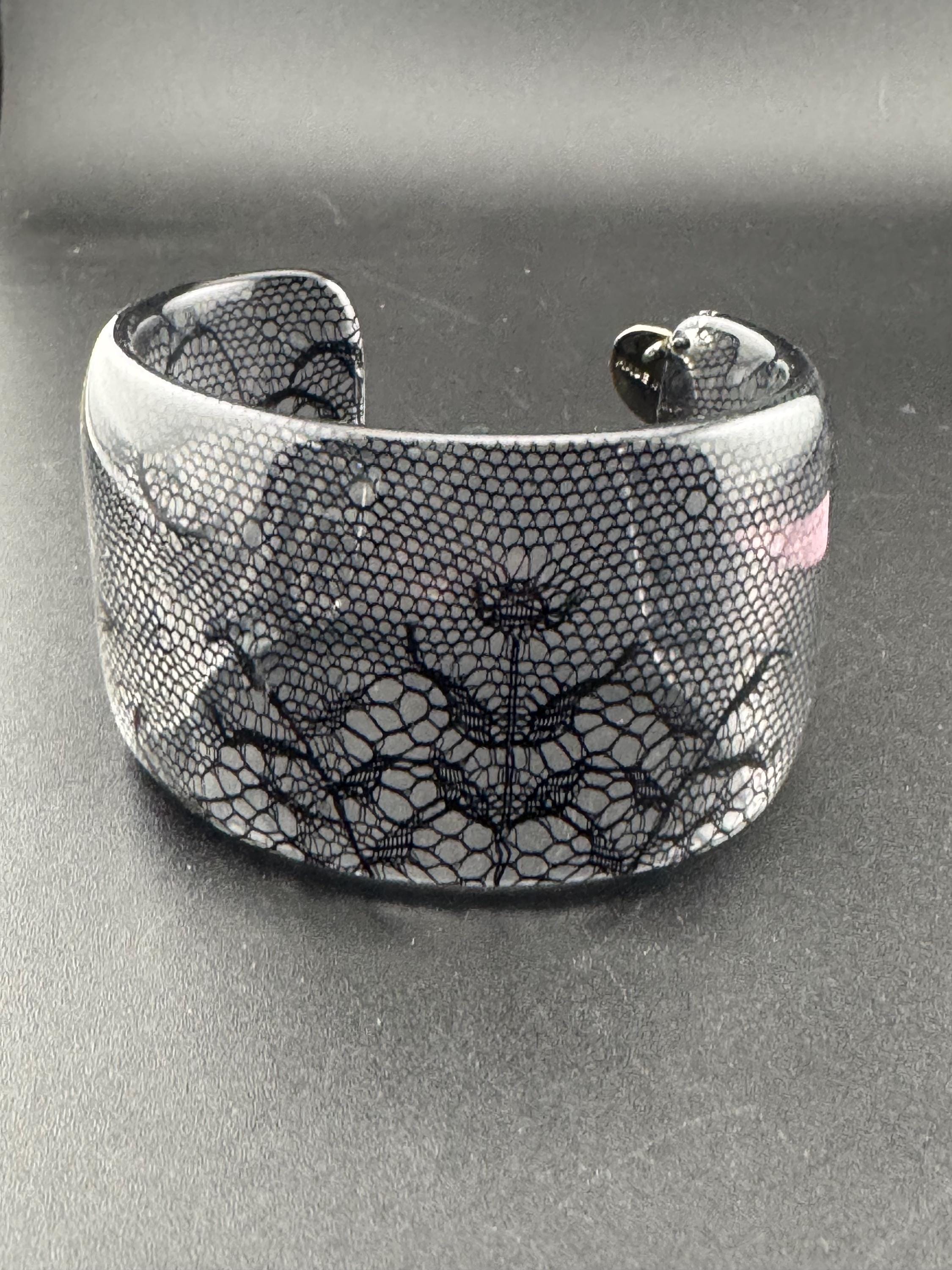 Italian designer FURLA black and clear plastic lace wide cuff bangle bracelet