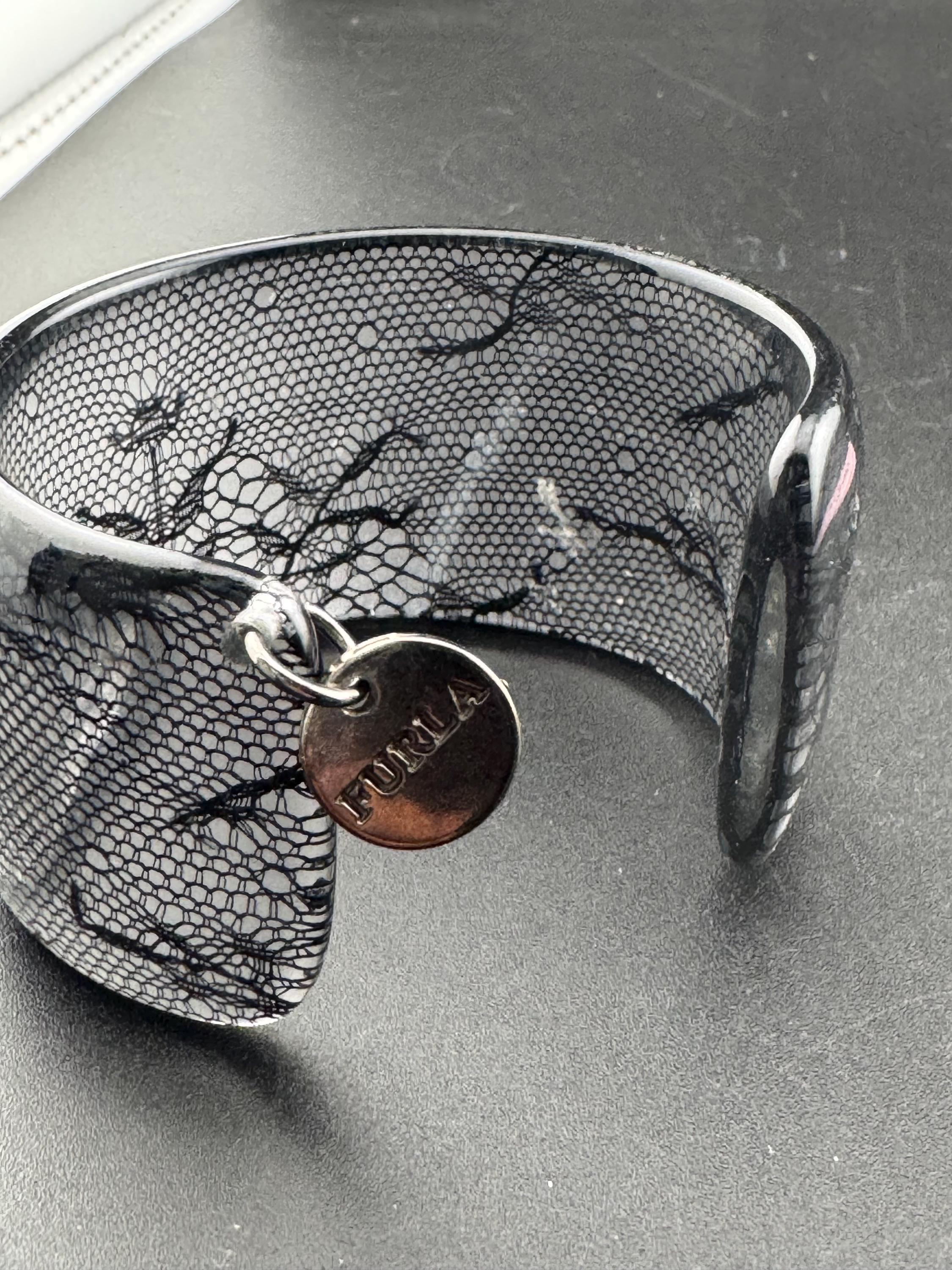 Italian designer FURLA black and clear plastic lace wide cuff bangle bracelet