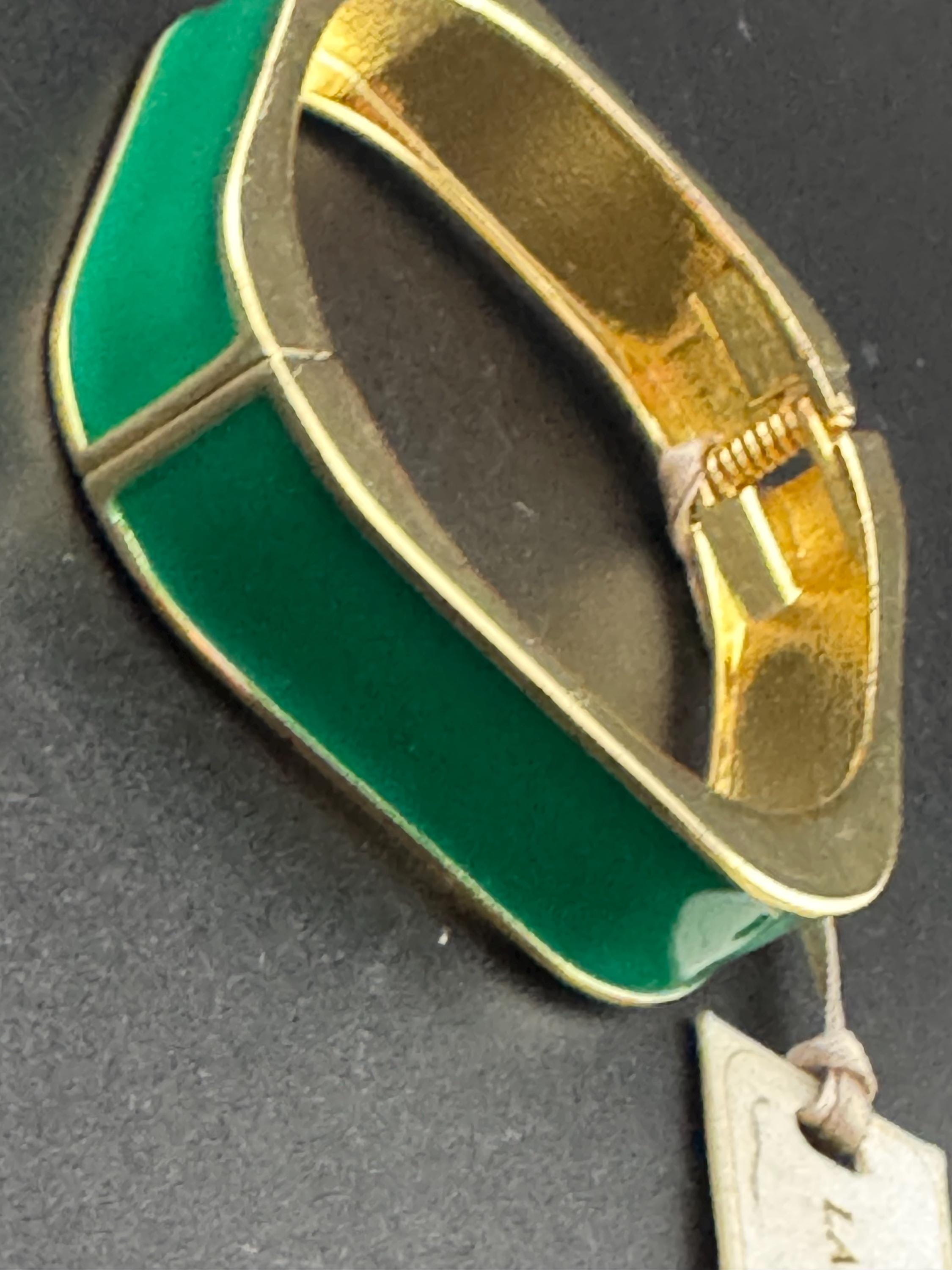 Retro Laura  Ashley Green Enamel square clamper Bangle with tags gold tone