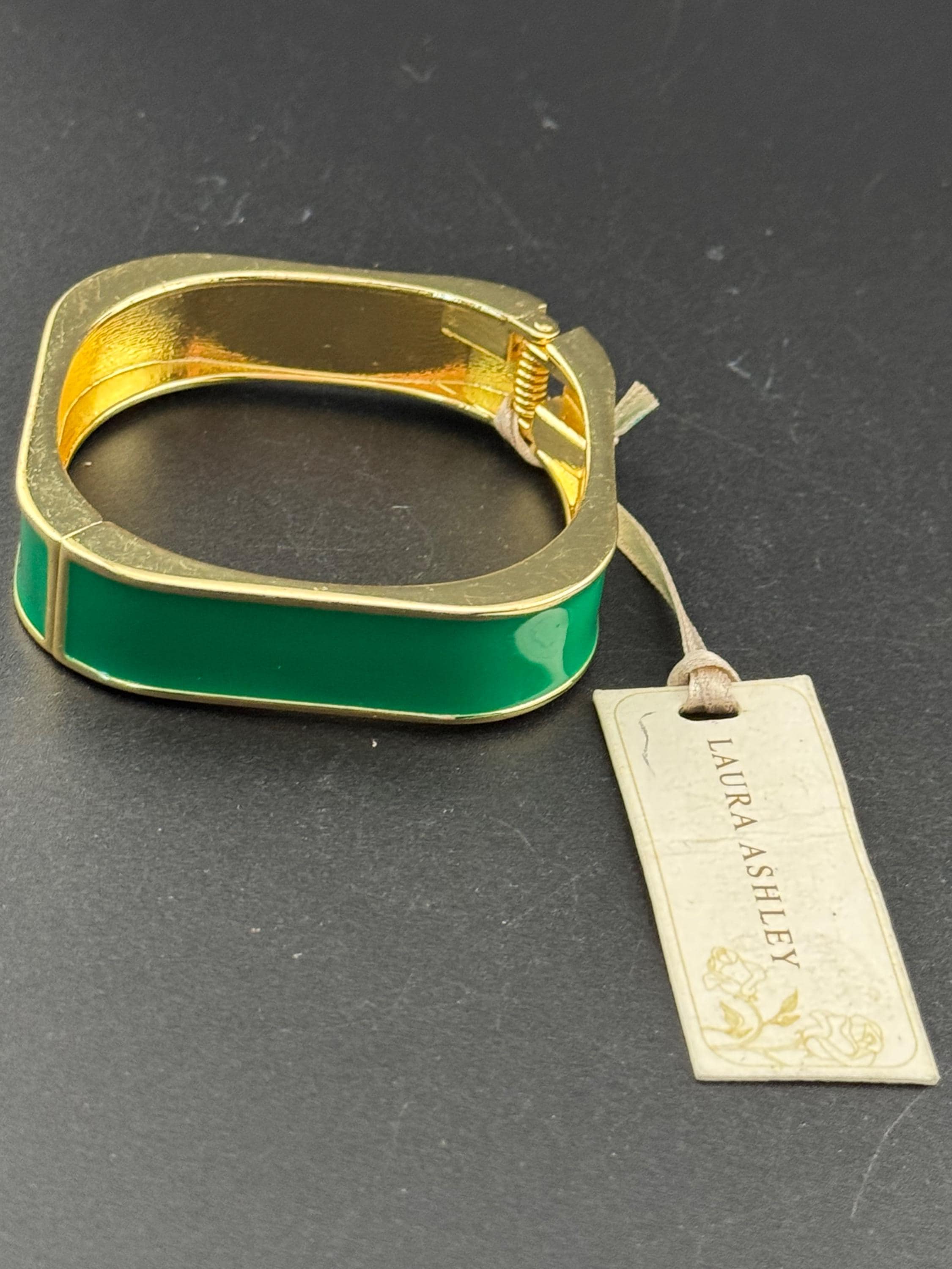 Retro Laura  Ashley Green Enamel square clamper Bangle with tags gold tone