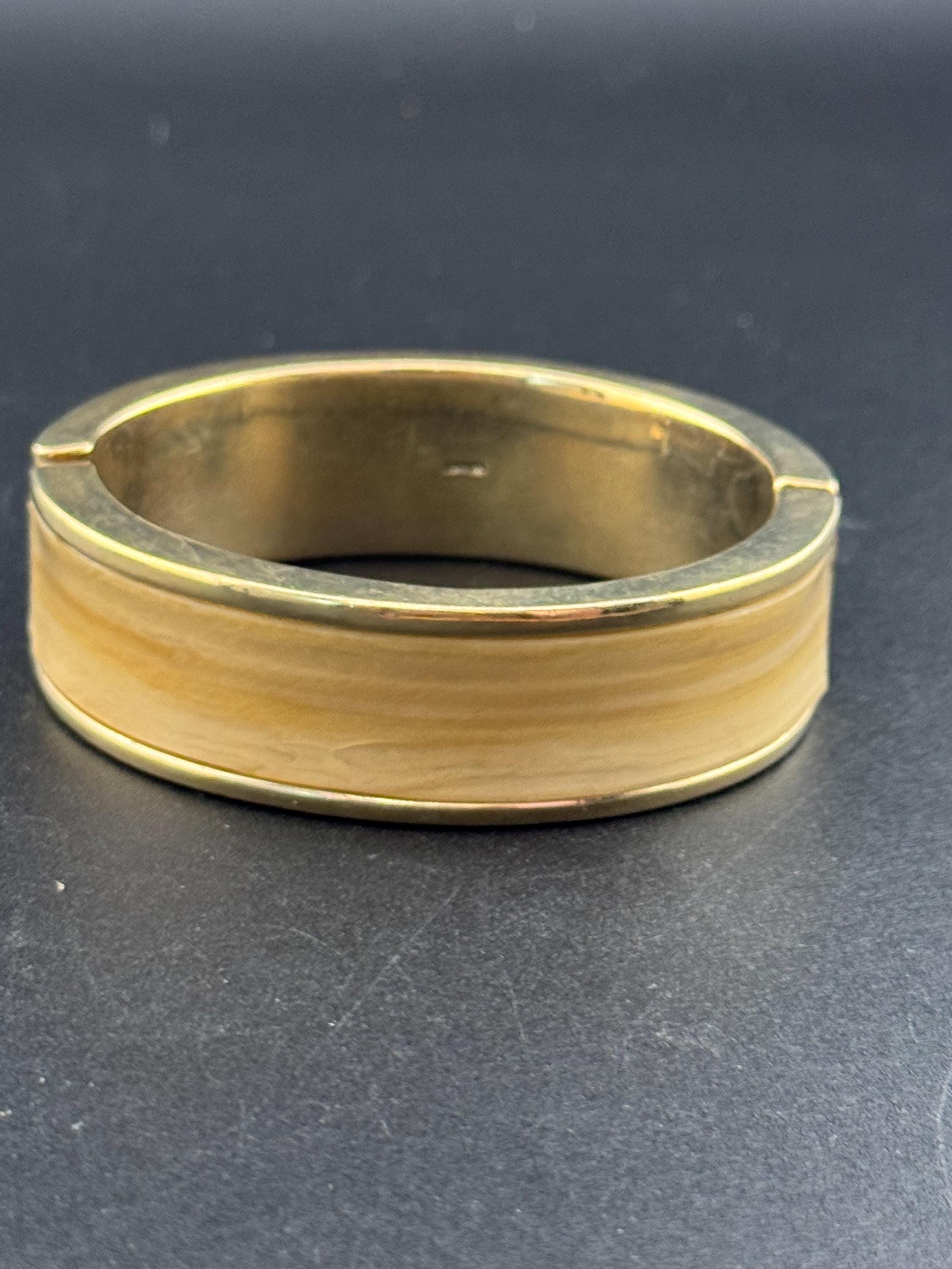 As found Signed Monet beige brown neutral Enamel oval clamper Bangle