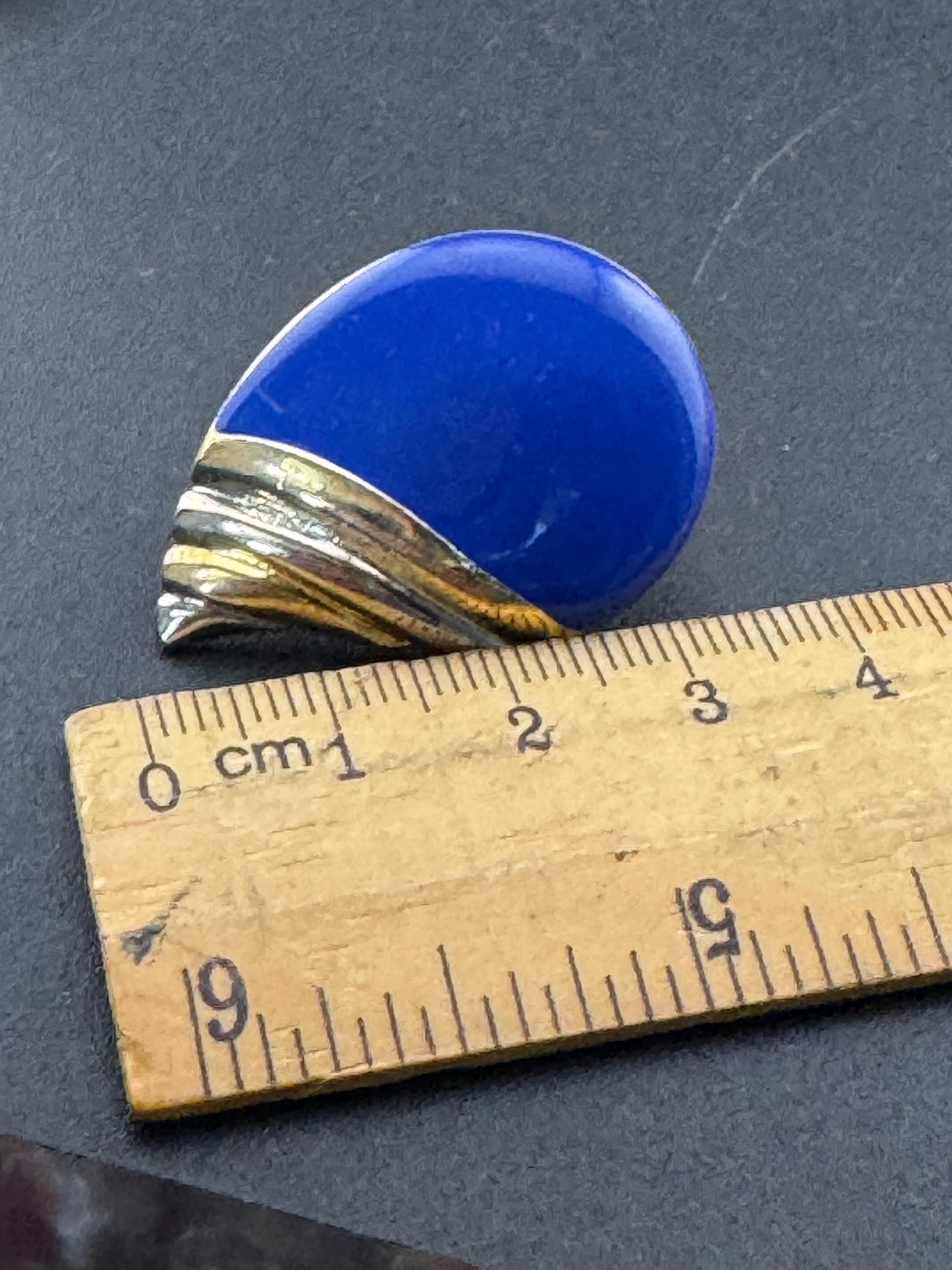 Vintage large 3cm Gold tone royal Blue enamel pair teardrop stud earrings pierced