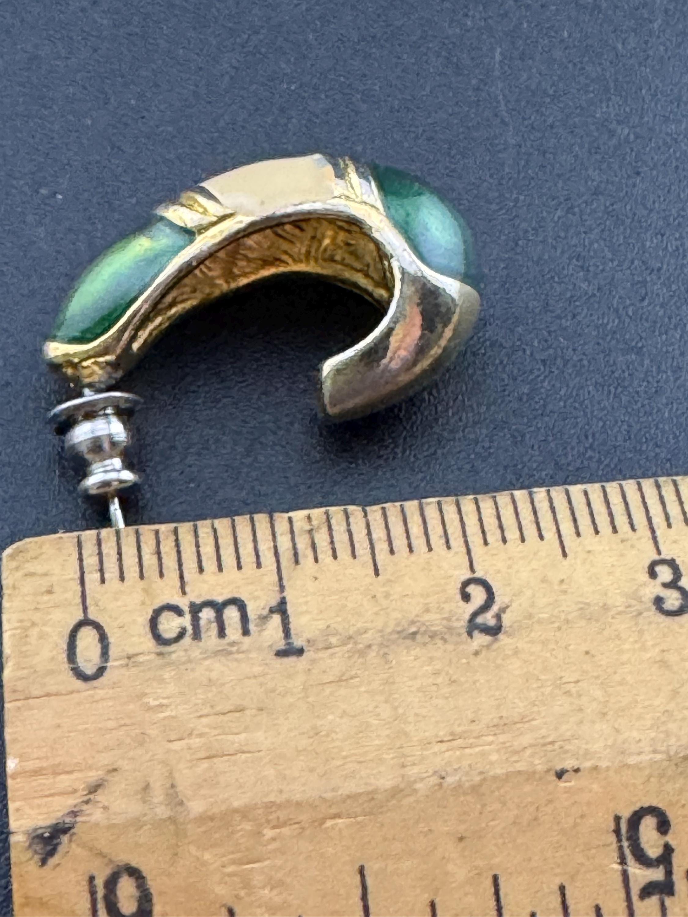 Retro 1980s classic Gold plated 2.5cm olive and emerald green enamel half hoop pierced earrings