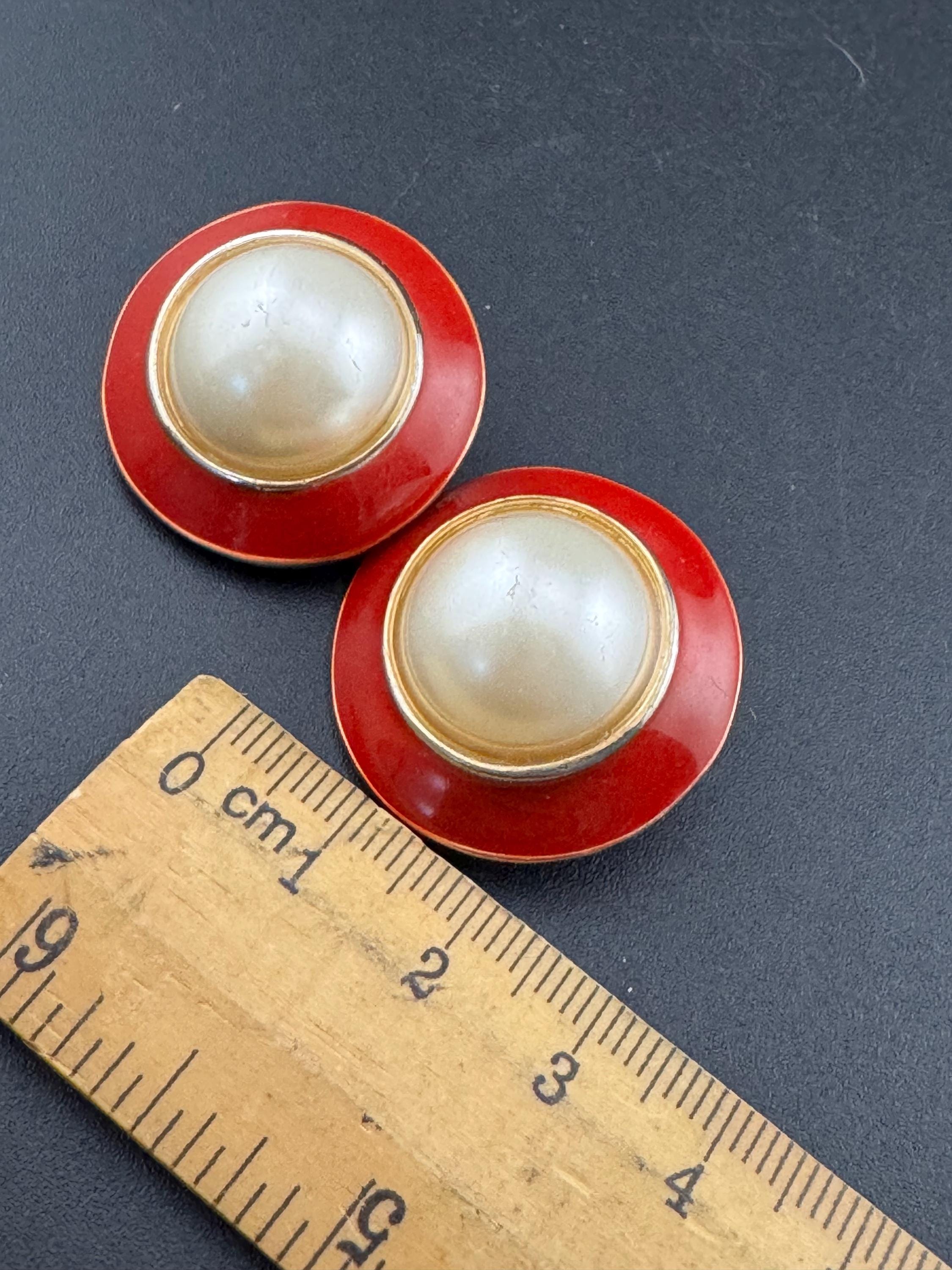 Vintage Retro High End Gold tone red enamel clip on earrings  with central pearl cabochon 1980s 1990s