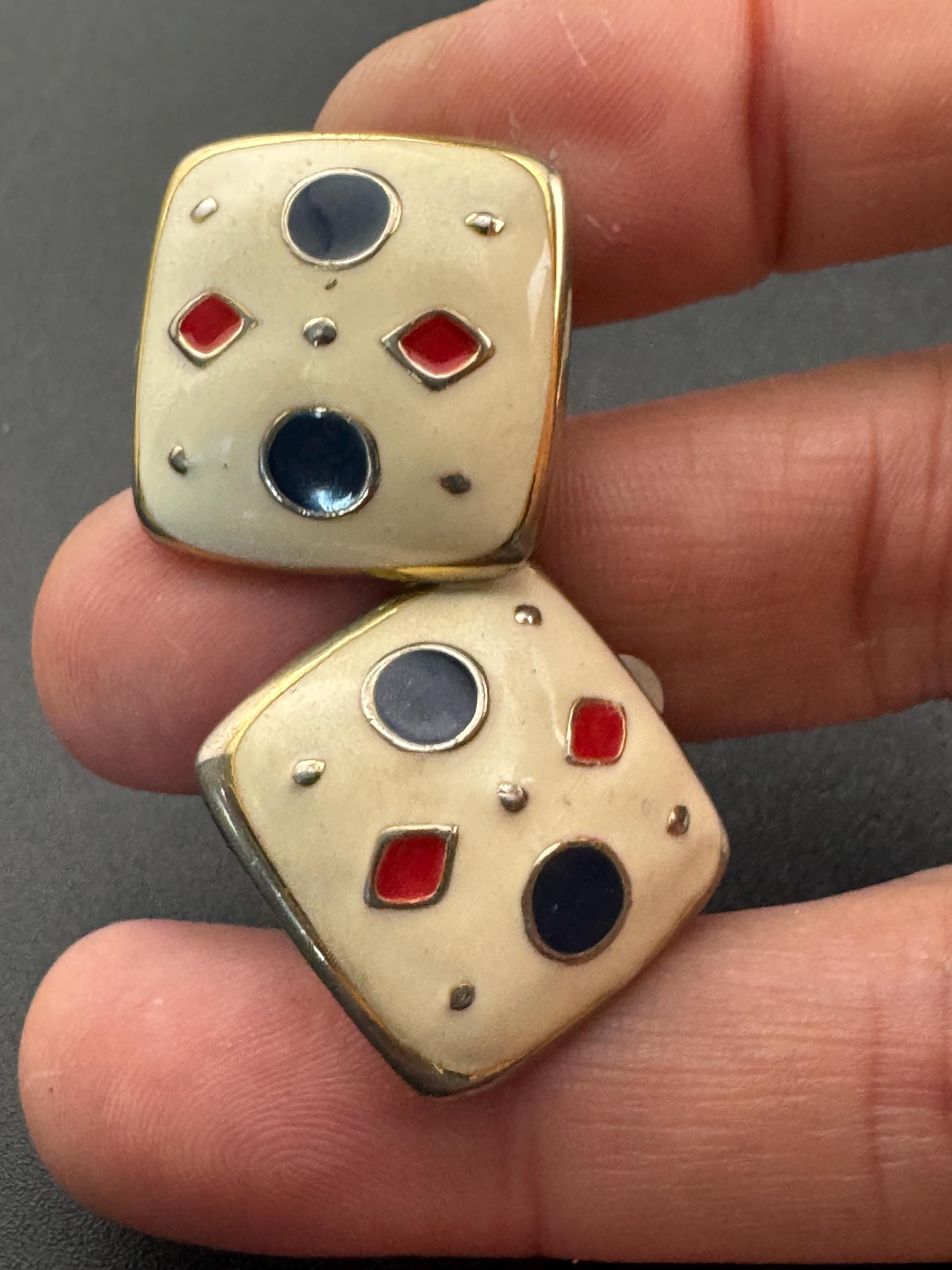 Vintage square Gold tone beige cream enamel with blue and red detailing clip on earrings 1980s 1990s