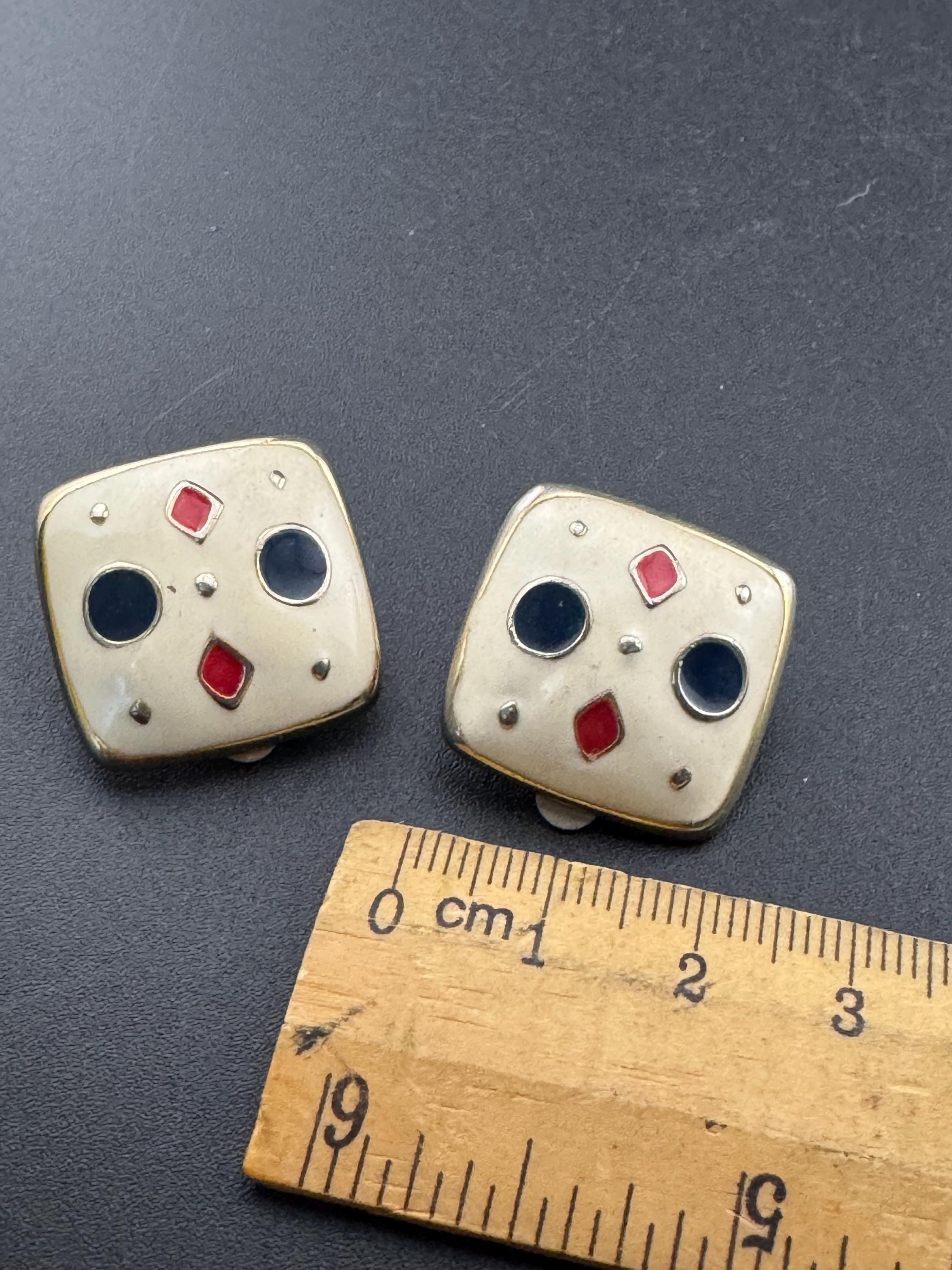Vintage square Gold tone beige cream enamel with blue and red detailing clip on earrings 1980s 1990s