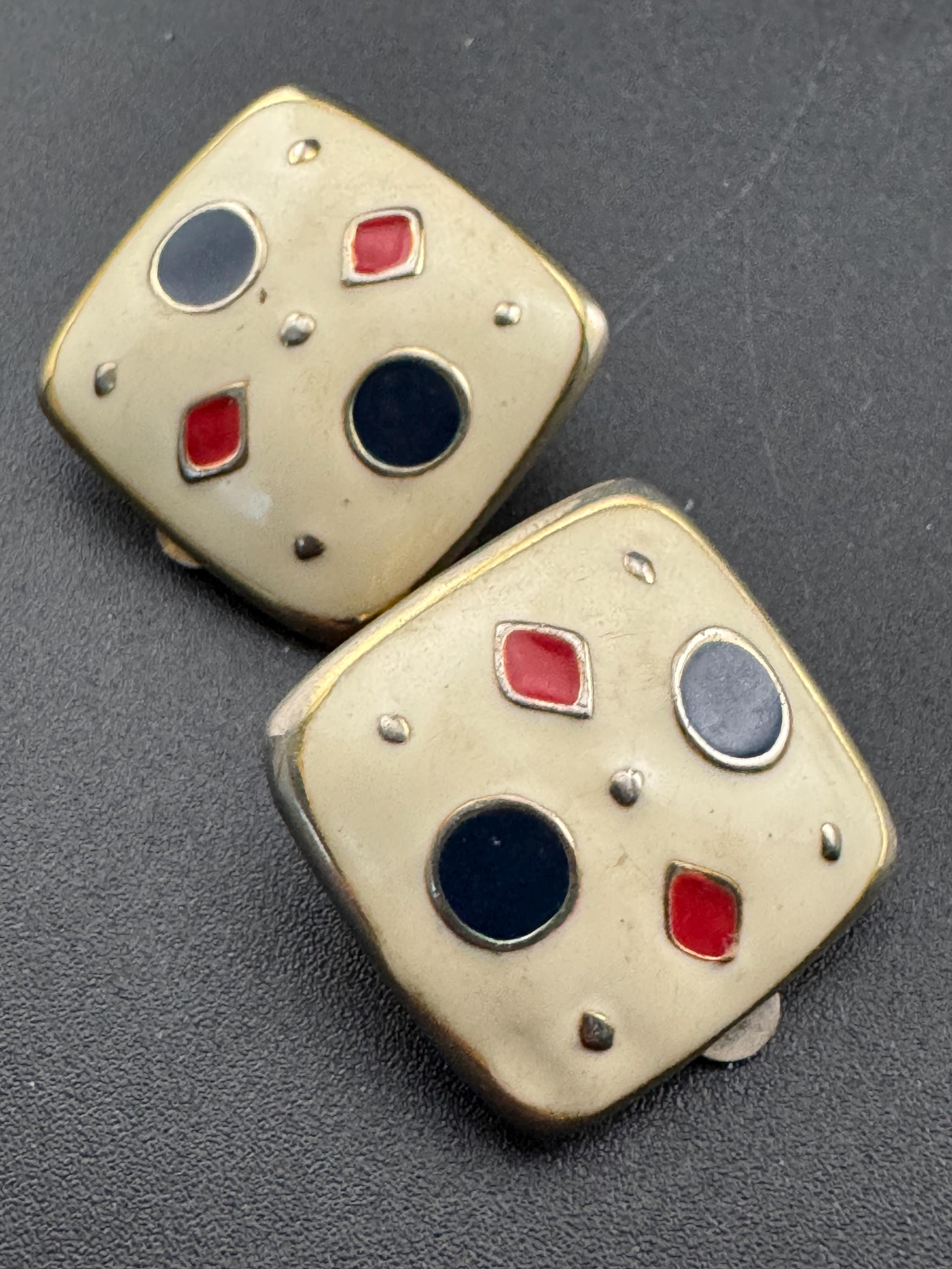 Vintage square Gold tone beige cream enamel with blue and red detailing clip on earrings 1980s 1990s