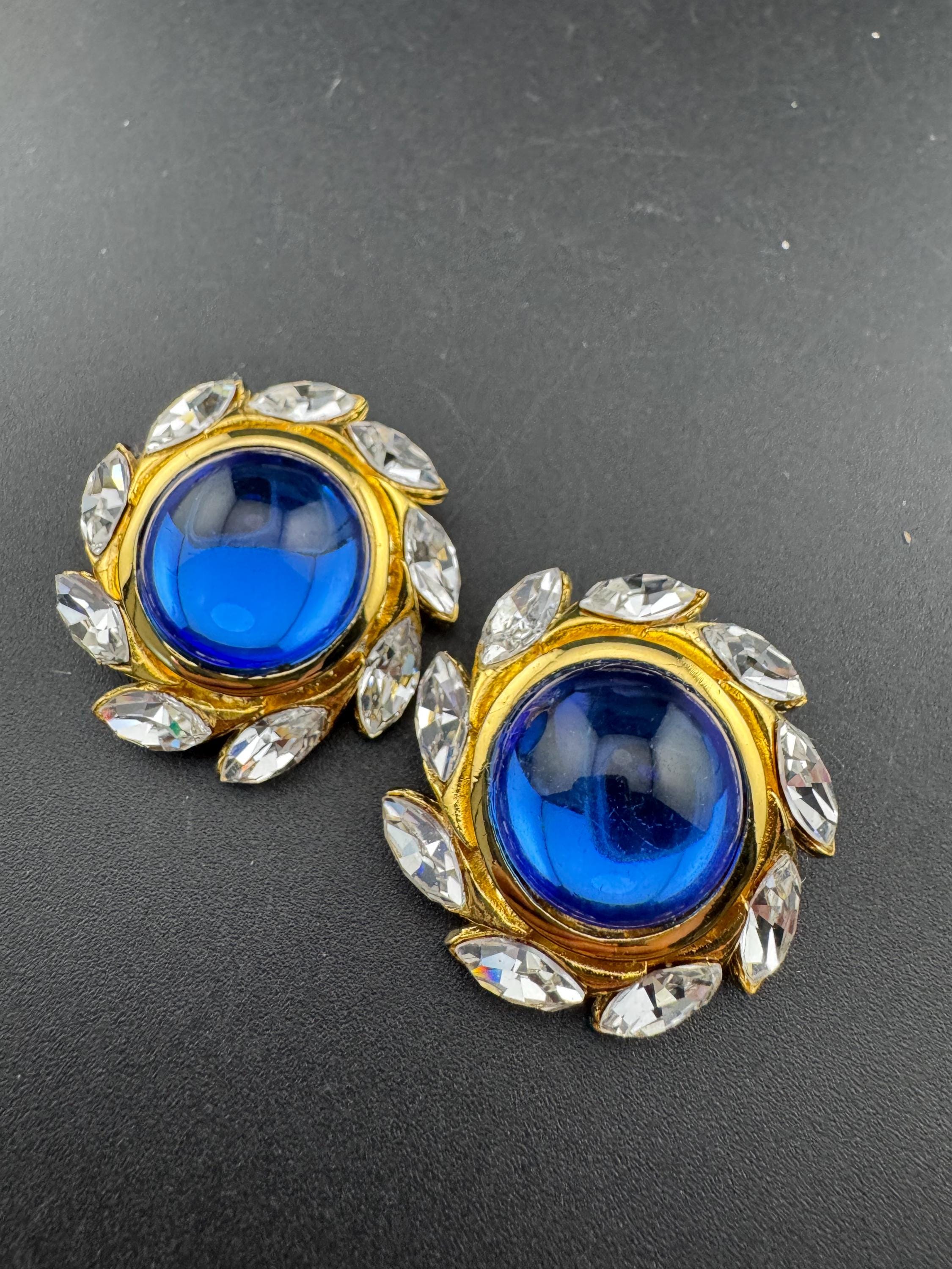 RESERVED oversized 3.5cm gold tone sapphire blue Austrian cabochon and clear Navette Swarovski crystal round stud earrings 1980s