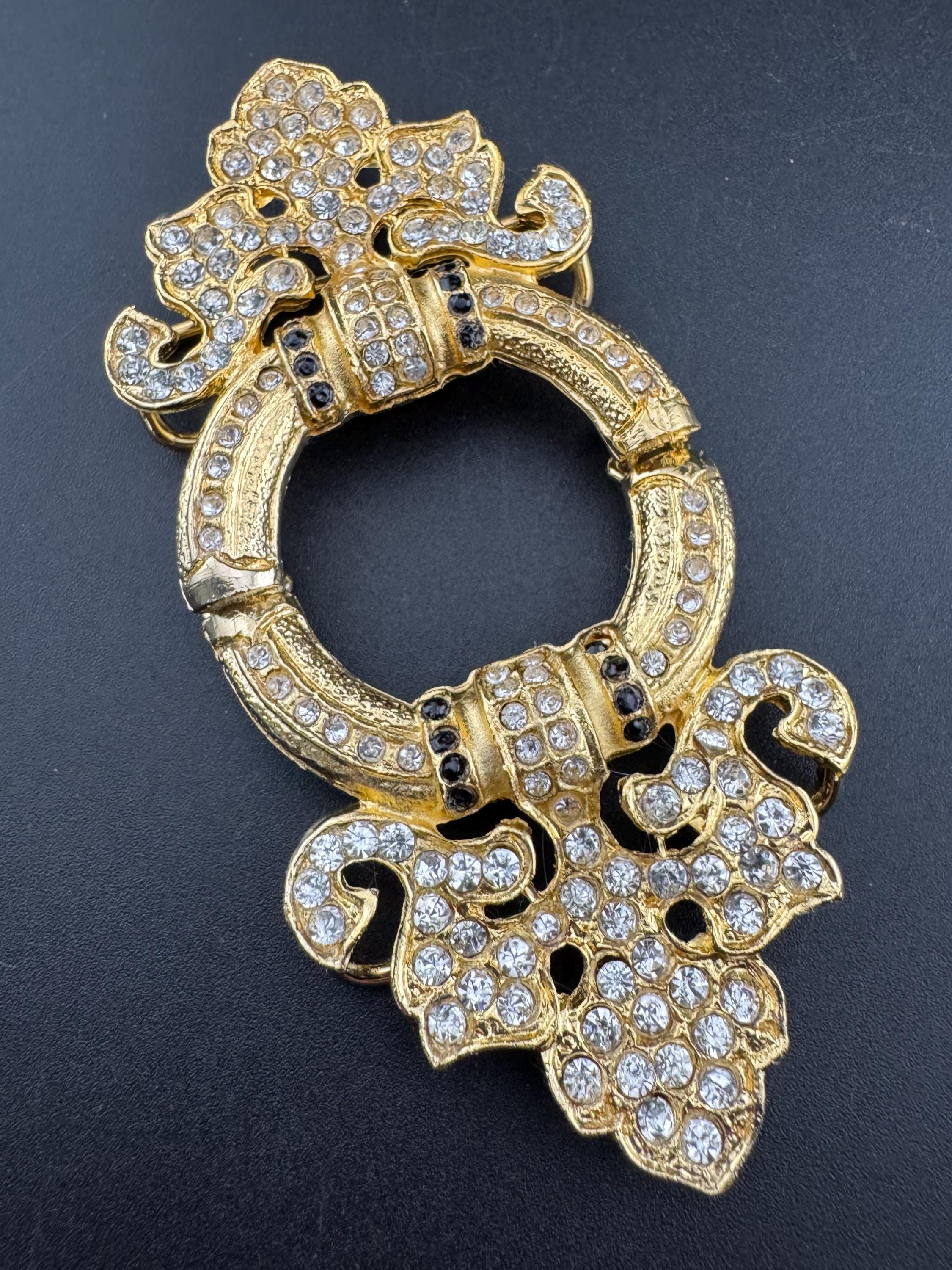 Large vintage gold tone 2 part belt buckle set with clear and black Swarovski crystal old shop stock