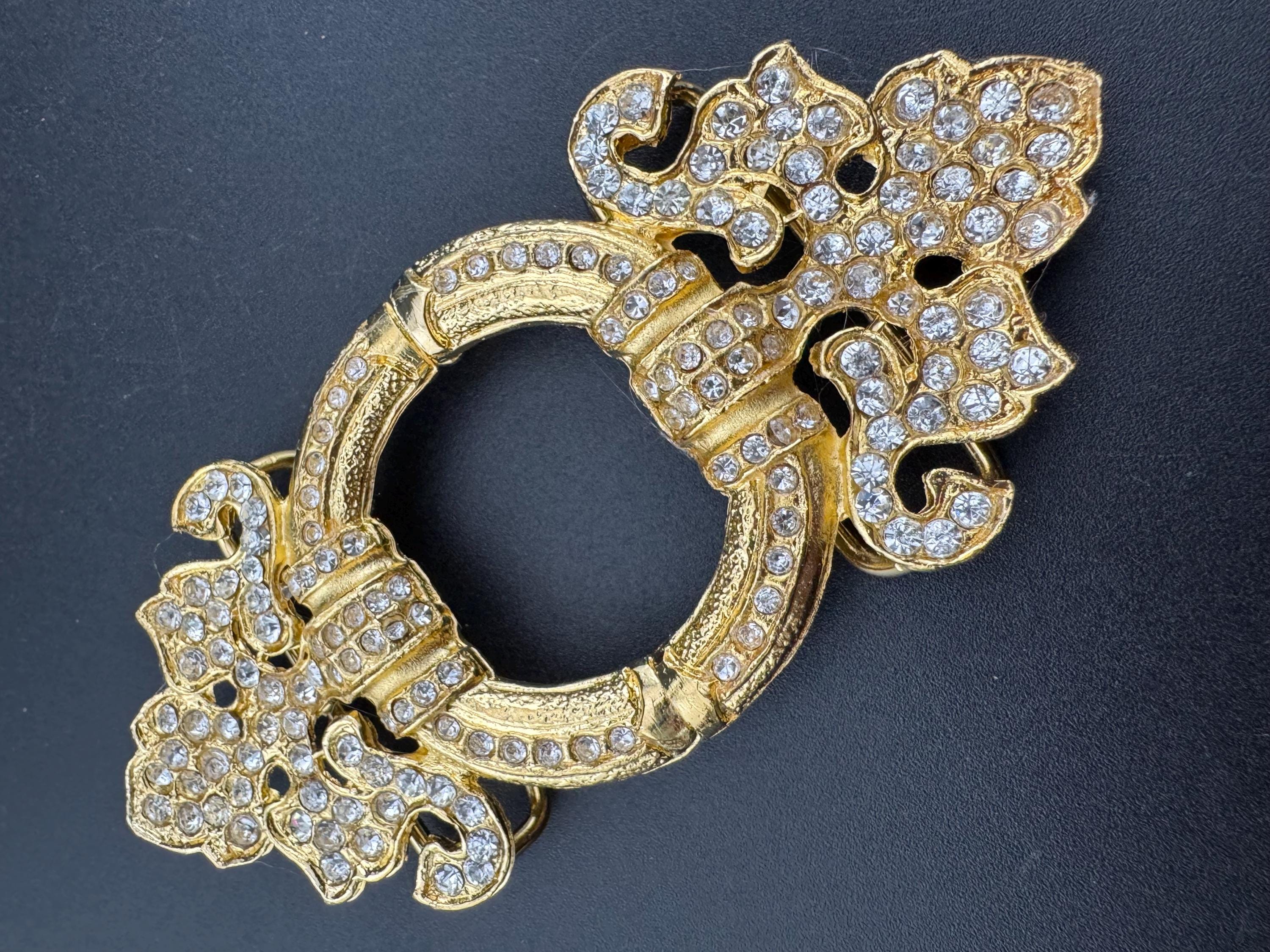 Large vintage gold tone 2 part belt buckle set with clear Swarovski crystal old shop stock