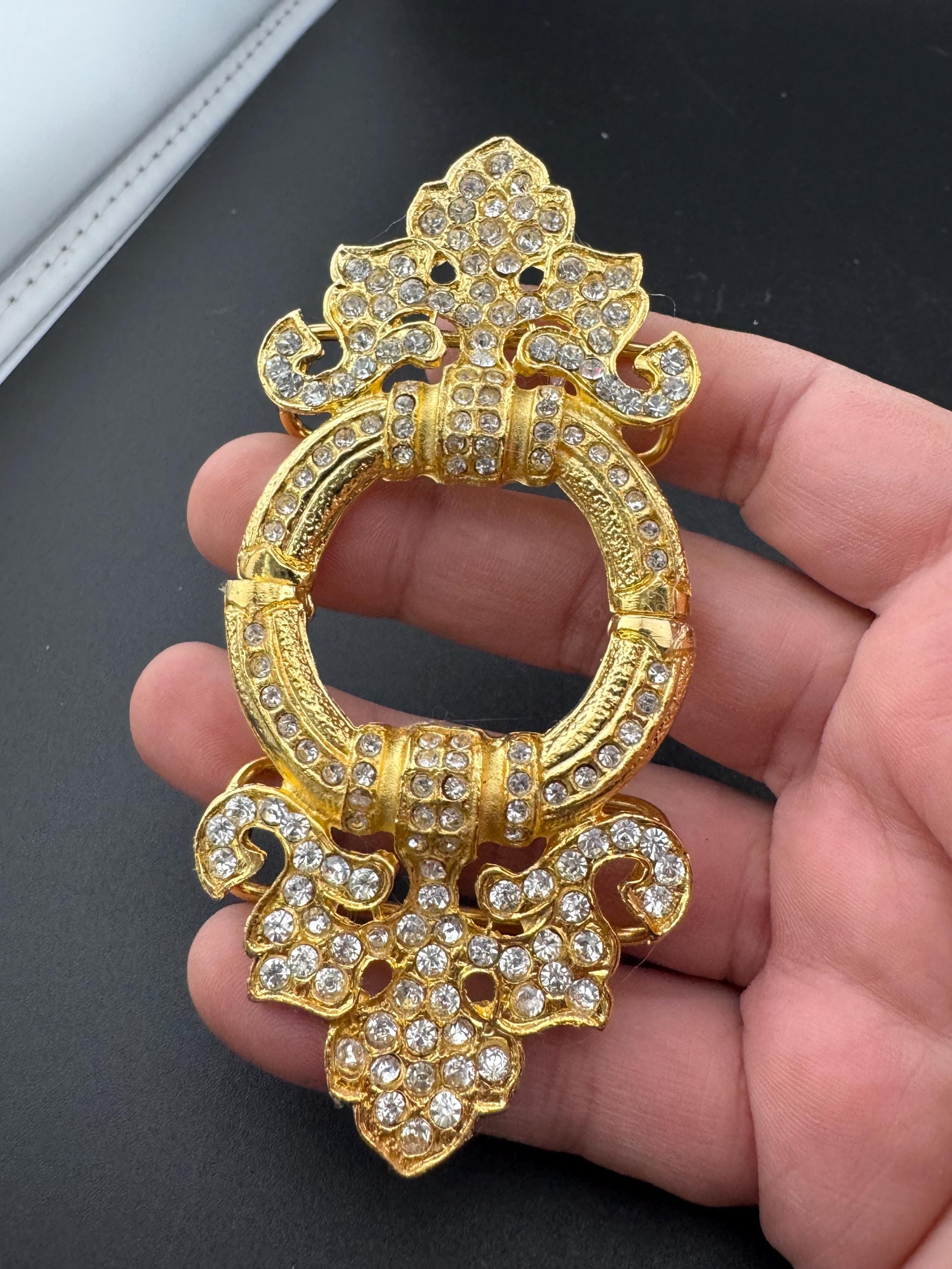 Large vintage gold tone 2 part belt buckle set with clear Swarovski crystal old shop stock
