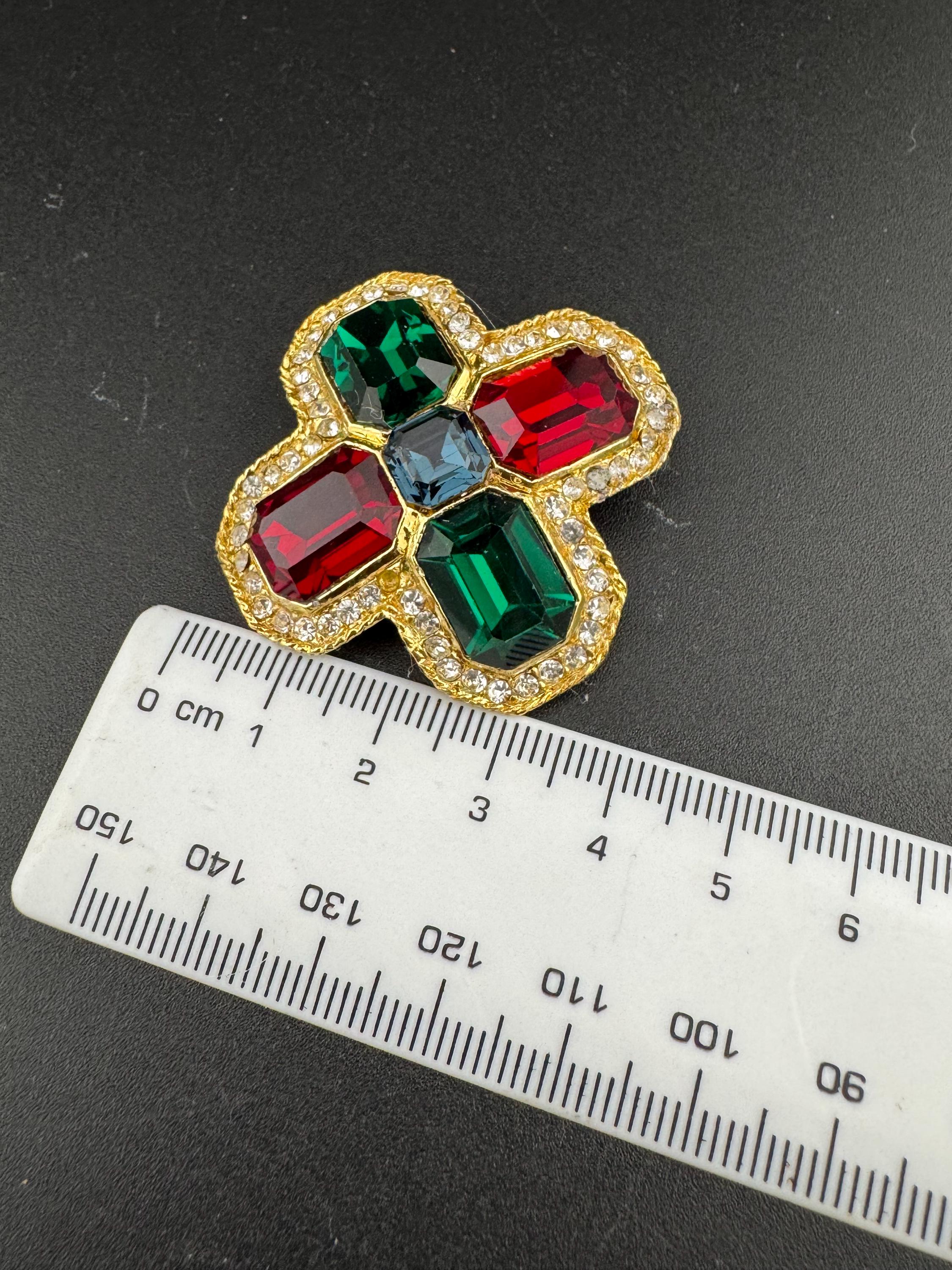 vintage oversized 4cm gold tone, ruby red,  emerald green and sapphire blue and clear Swarovski crystal cross earrings 1980s