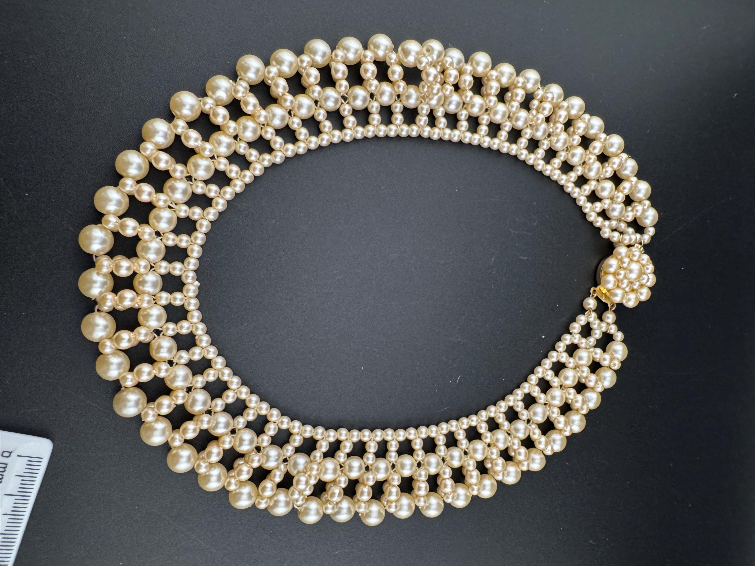 Art Deco Vintage Cream Faux Pearl woven beaded collar necklace choker  1960s 1970s