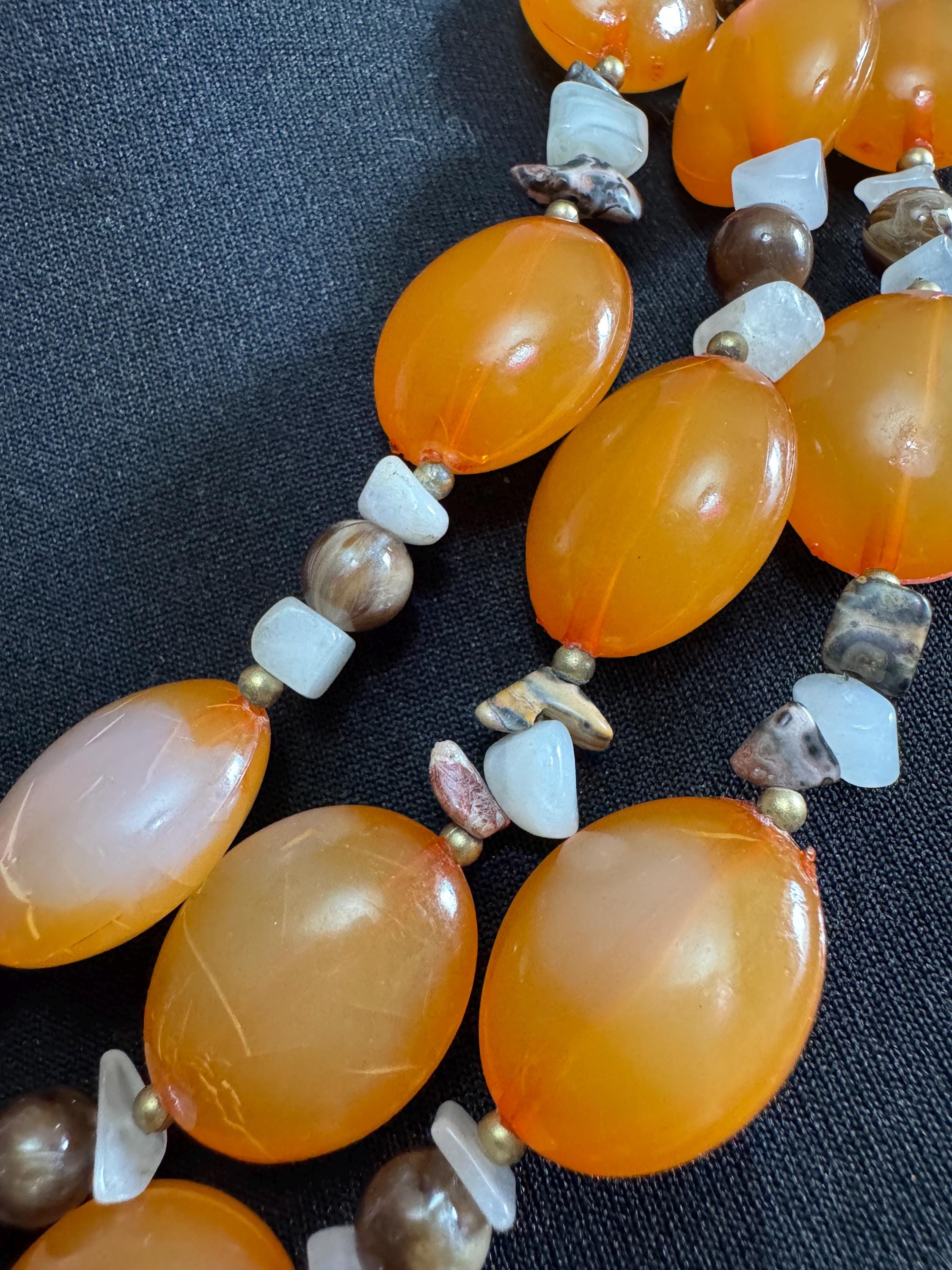 Vintage orange natural gemstone set beaded 3 row multistrand necklace