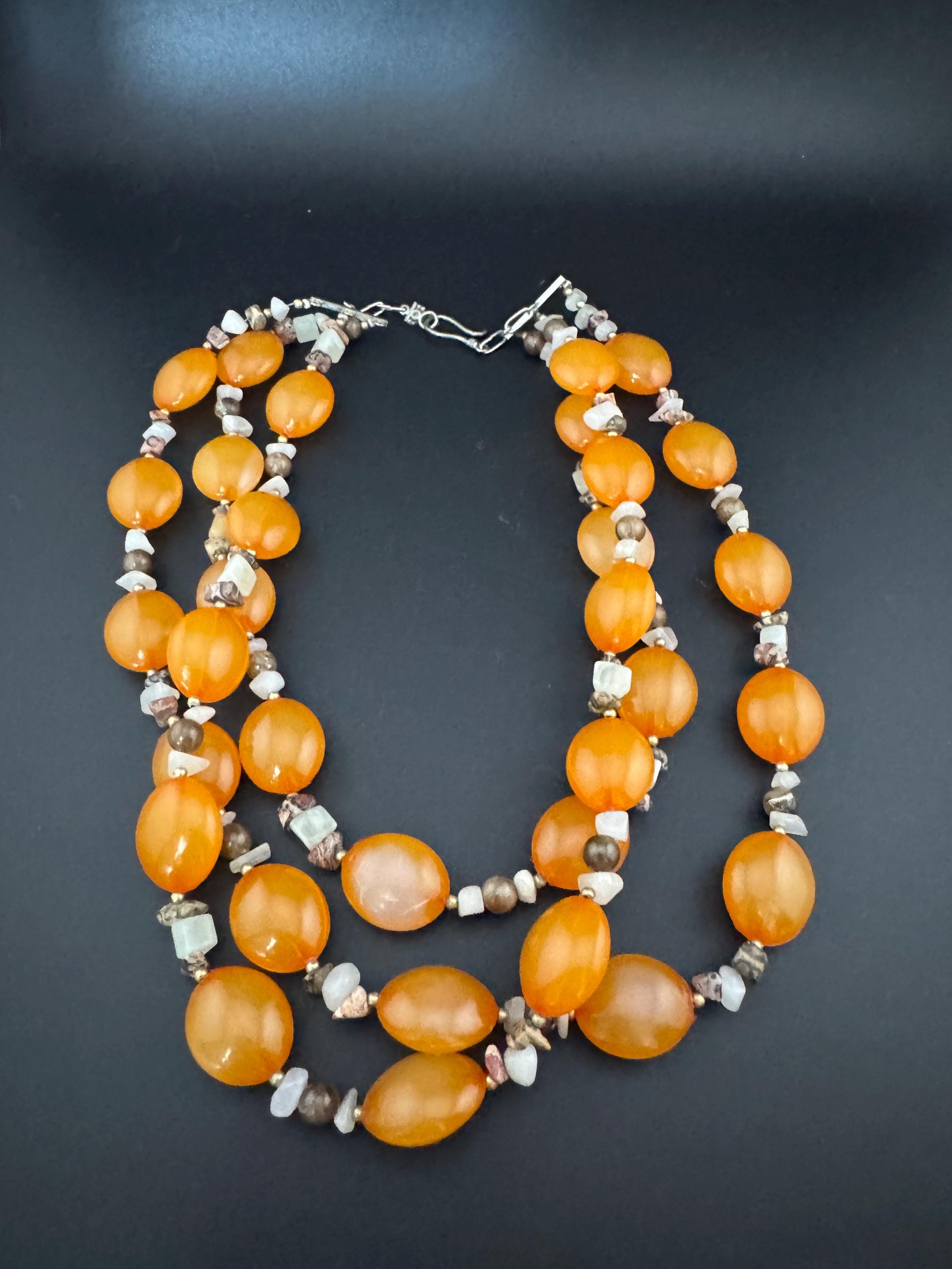Vintage orange natural gemstone set beaded 3 row multistrand necklace