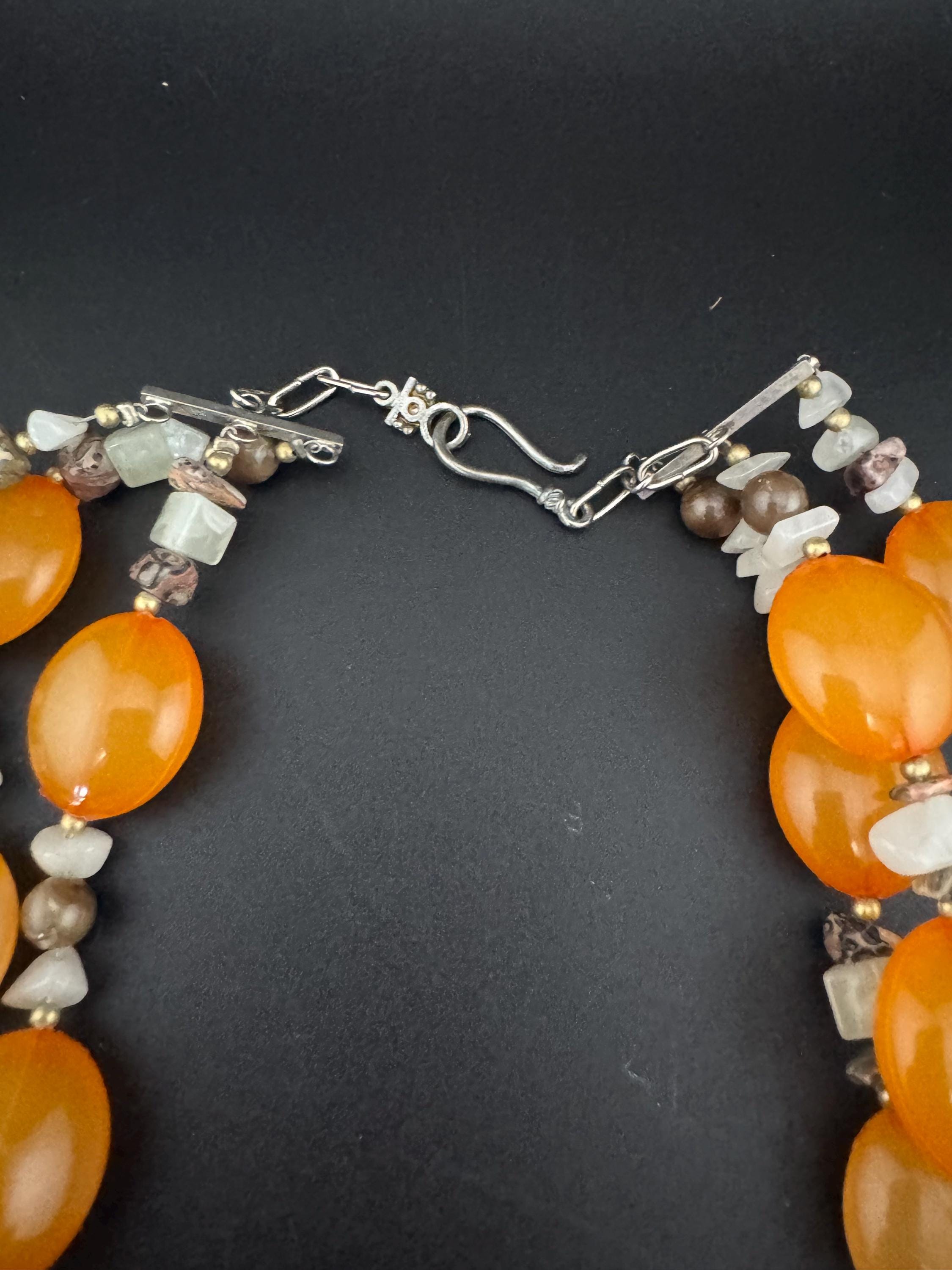 Vintage orange natural gemstone set beaded 3 row multistrand necklace