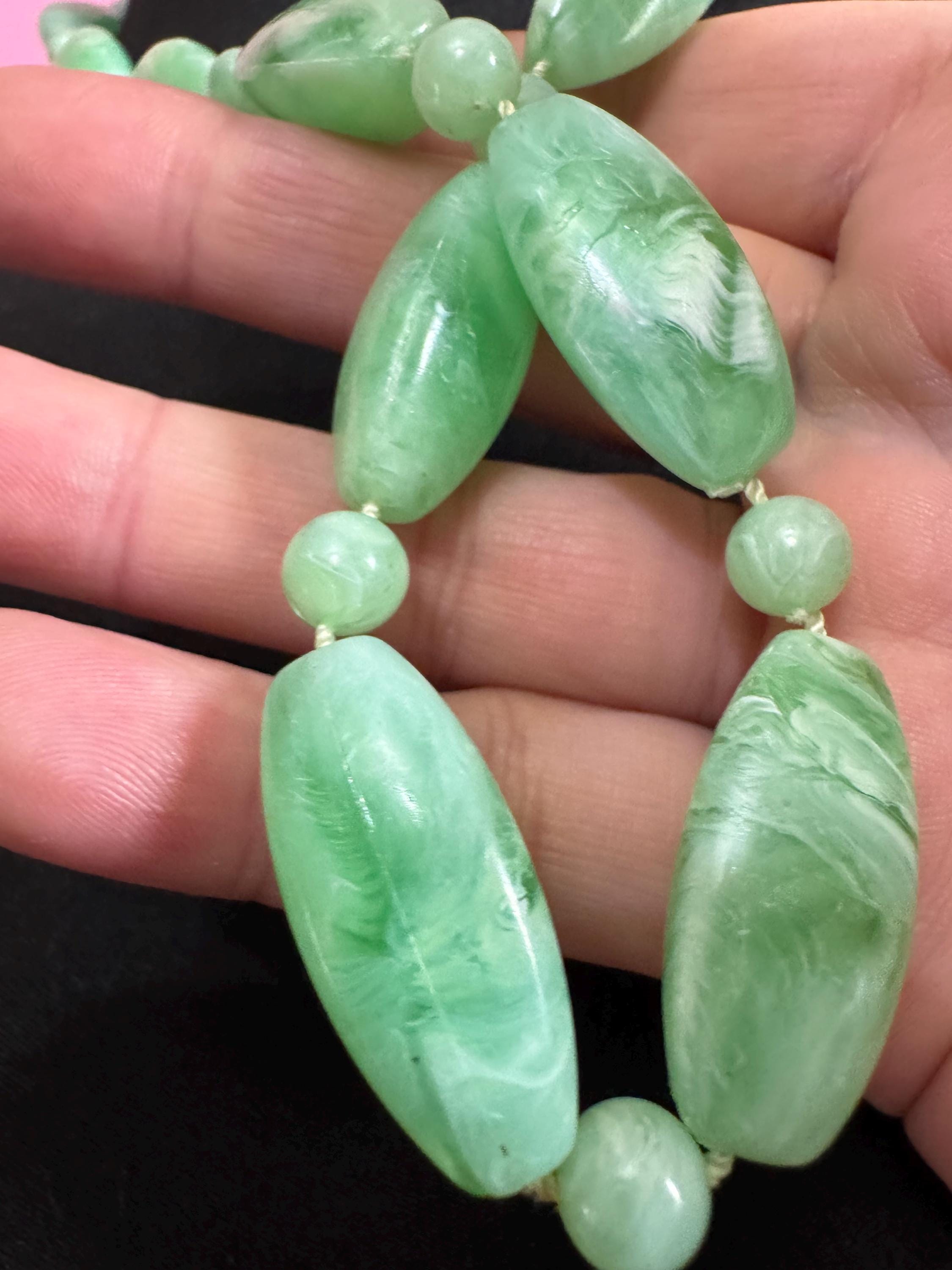 Vintage retro fixed length light green marble beaded necklace 70s 60s