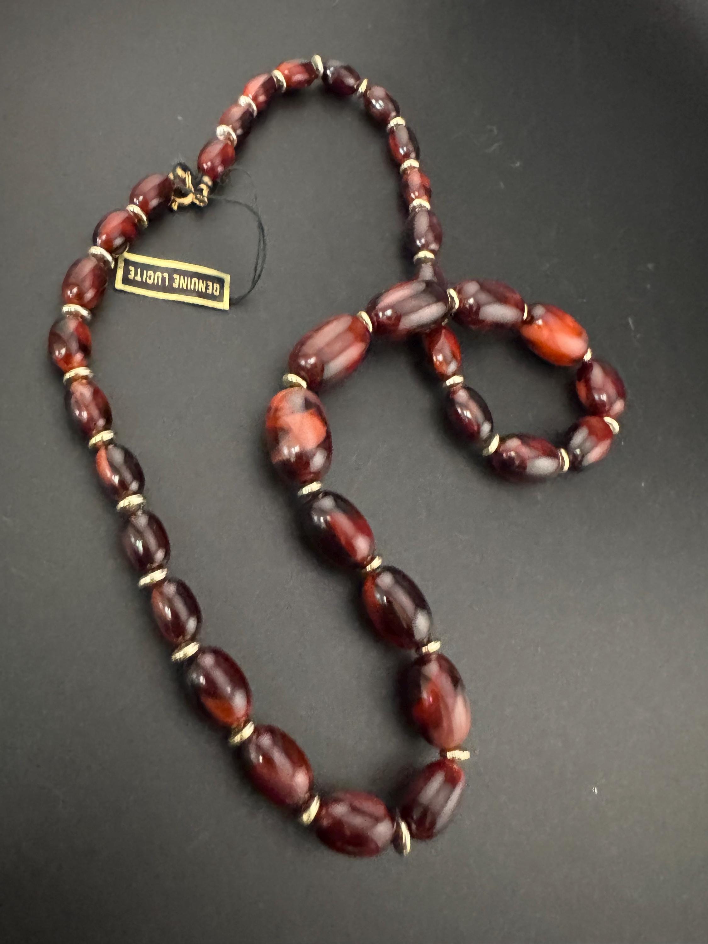 Genuine lucite vintage brown red oval beaded long necklace 66cm
