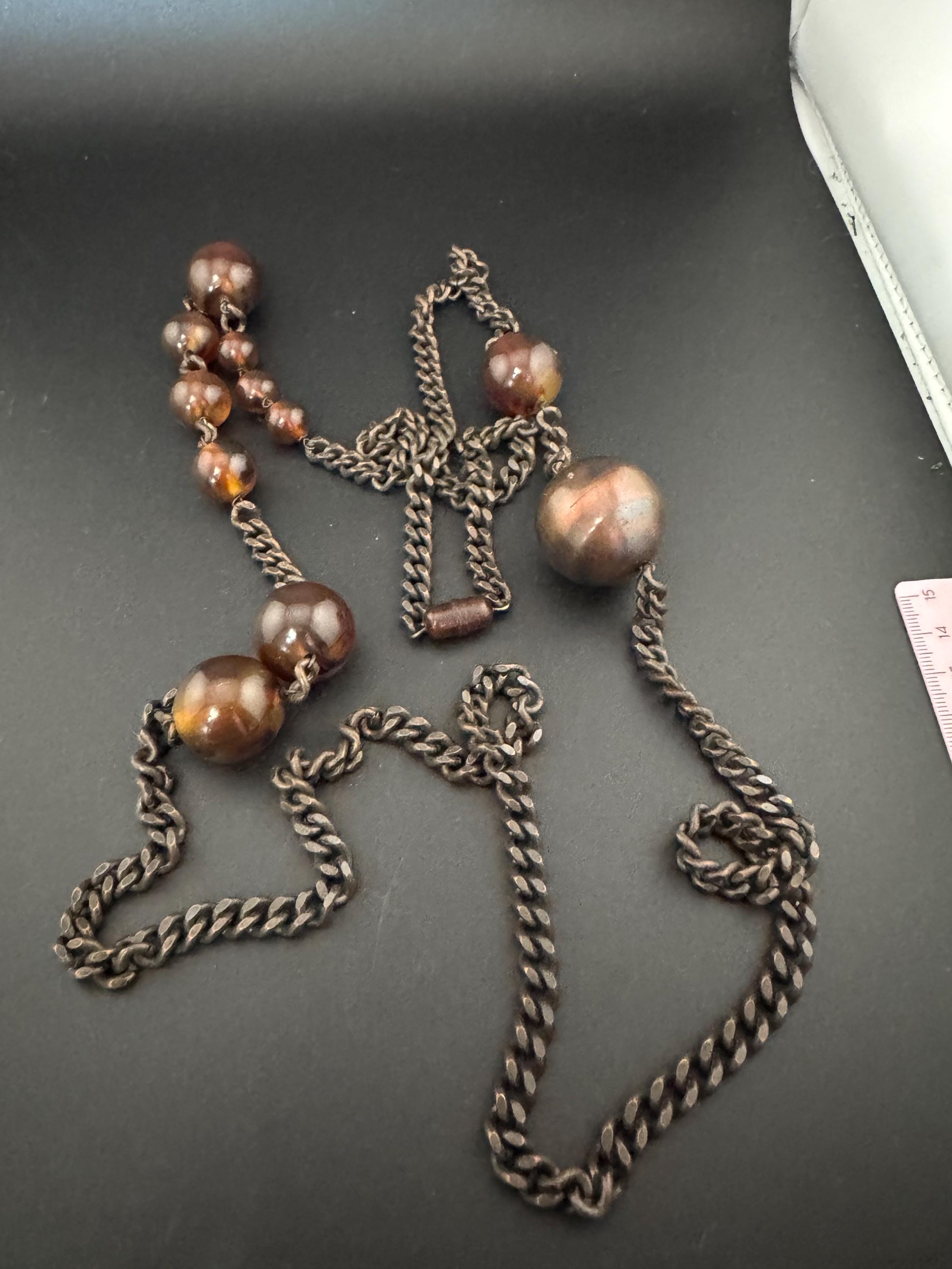 Vintage chunky modernist statement faux tortoiseshell , metal ball and brown beaded black chain very long necklace with plastic barrel clasp