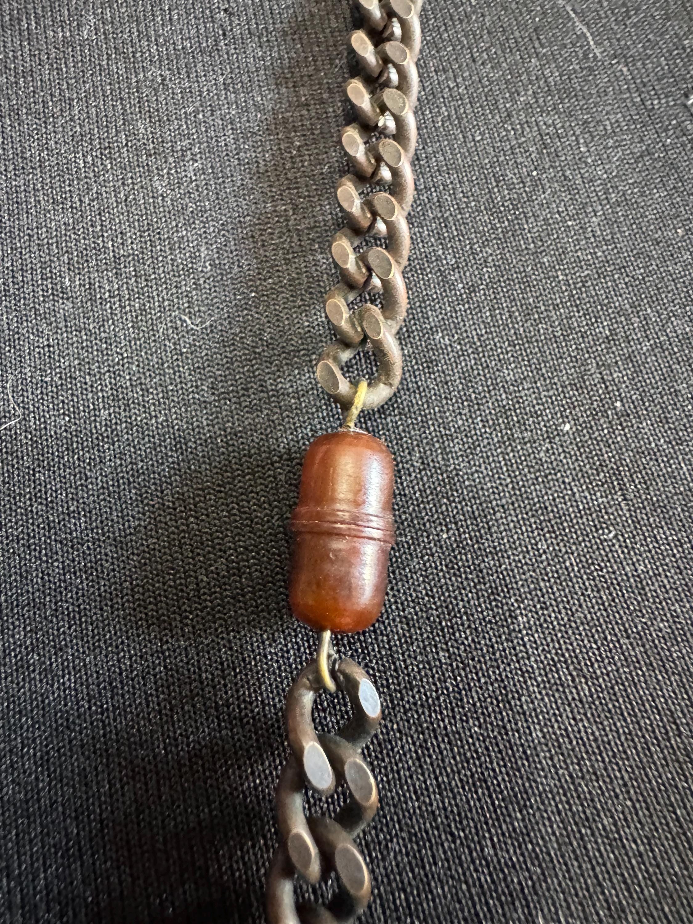 Vintage chunky modernist statement faux tortoiseshell , metal ball and brown beaded black chain very long necklace with plastic barrel clasp