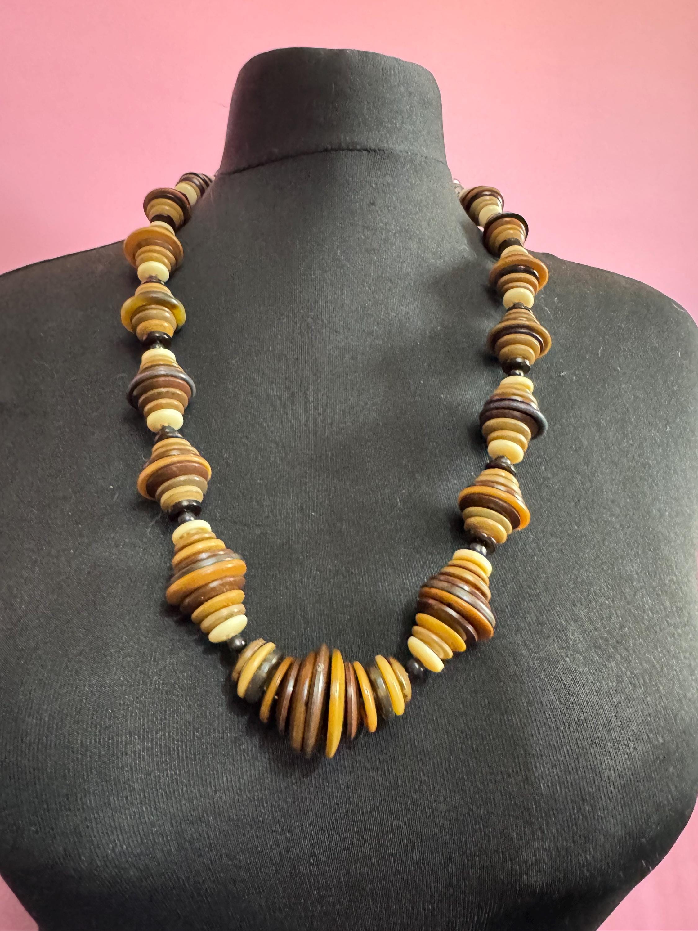 Vintage oversized acrylic plastic button disc beaded long chunky necklace brown beige tones