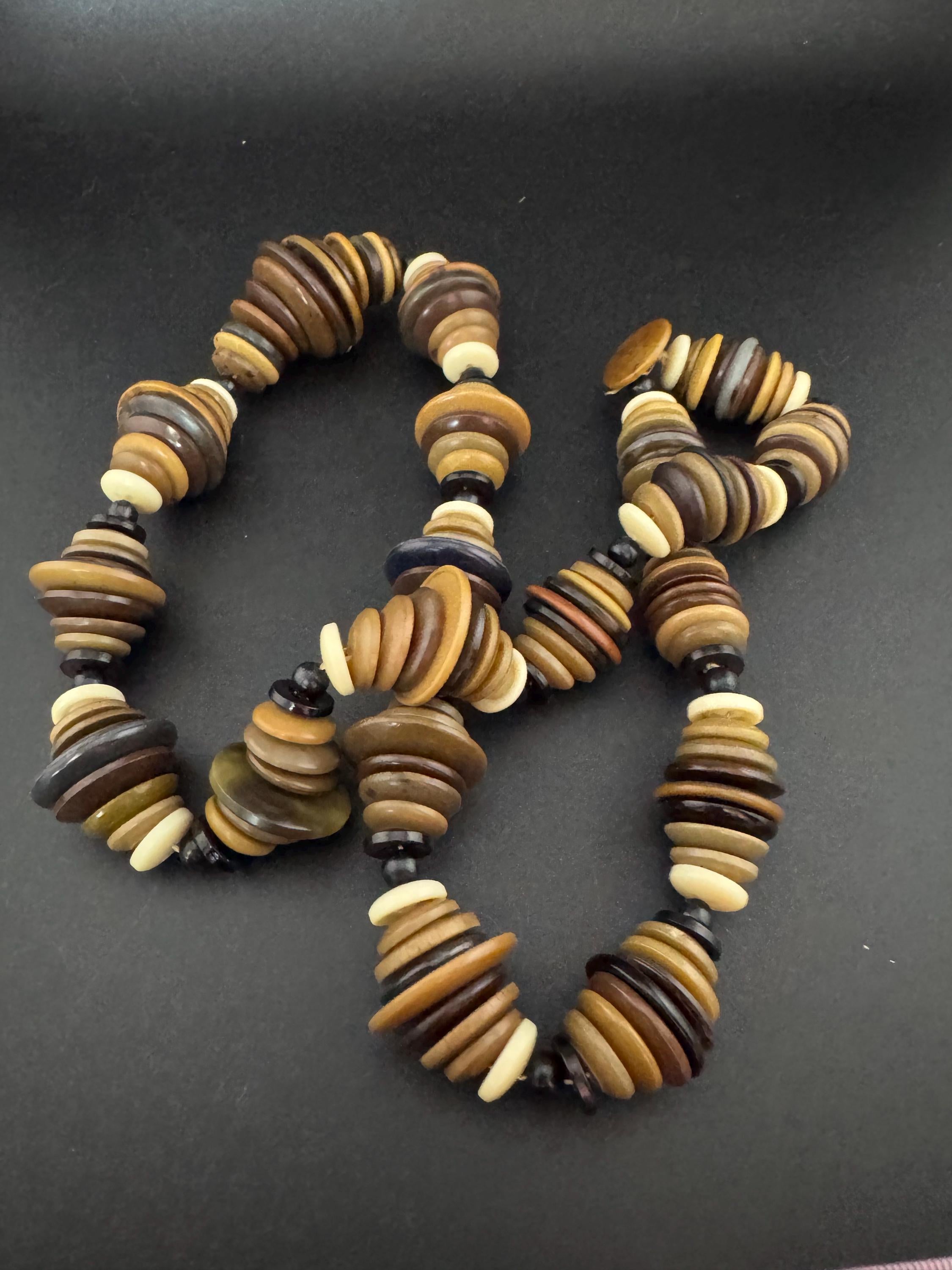 Vintage oversized acrylic plastic button disc beaded long chunky necklace brown beige tones