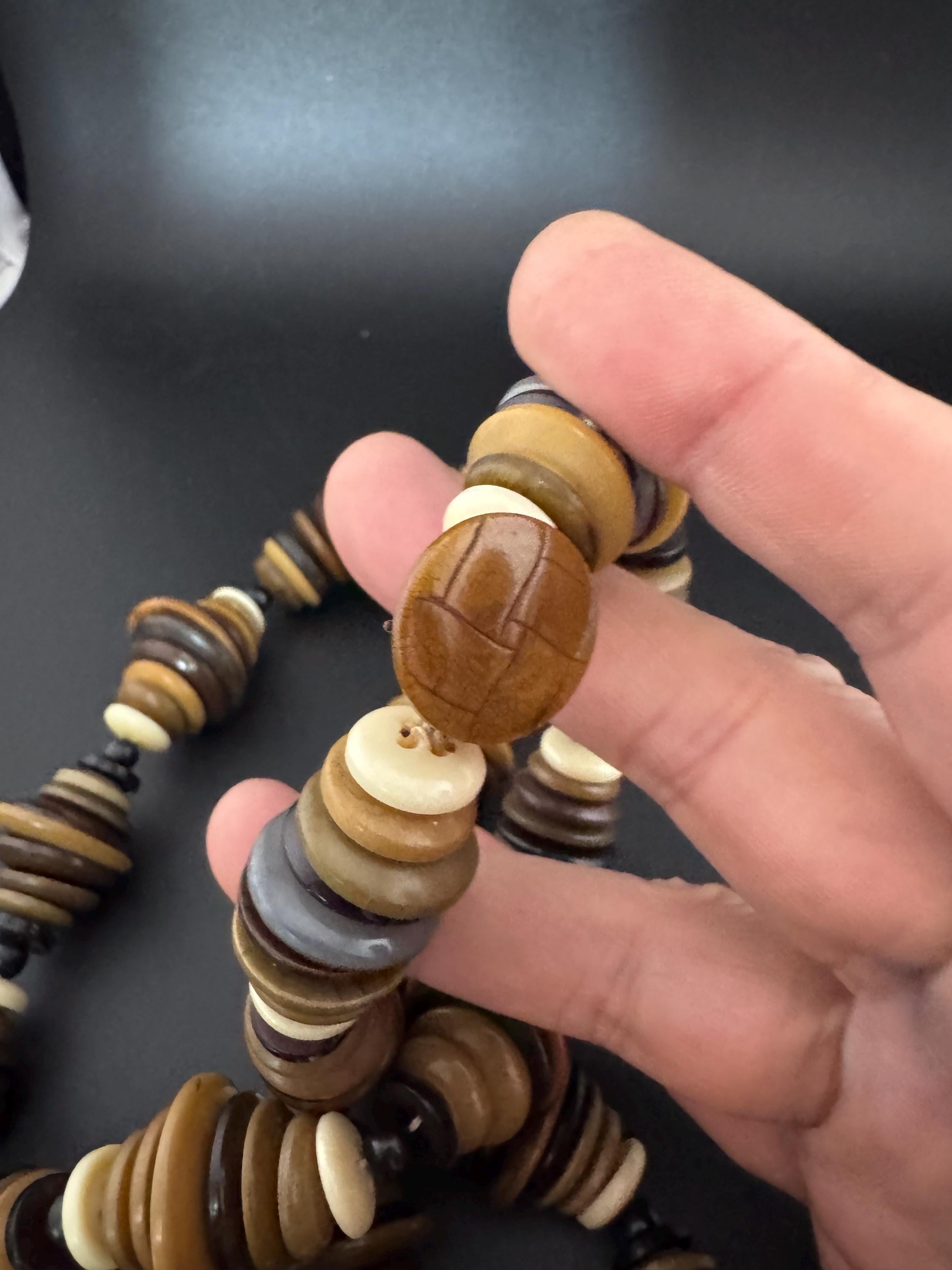 Vintage oversized acrylic plastic button disc beaded long chunky necklace brown beige tones