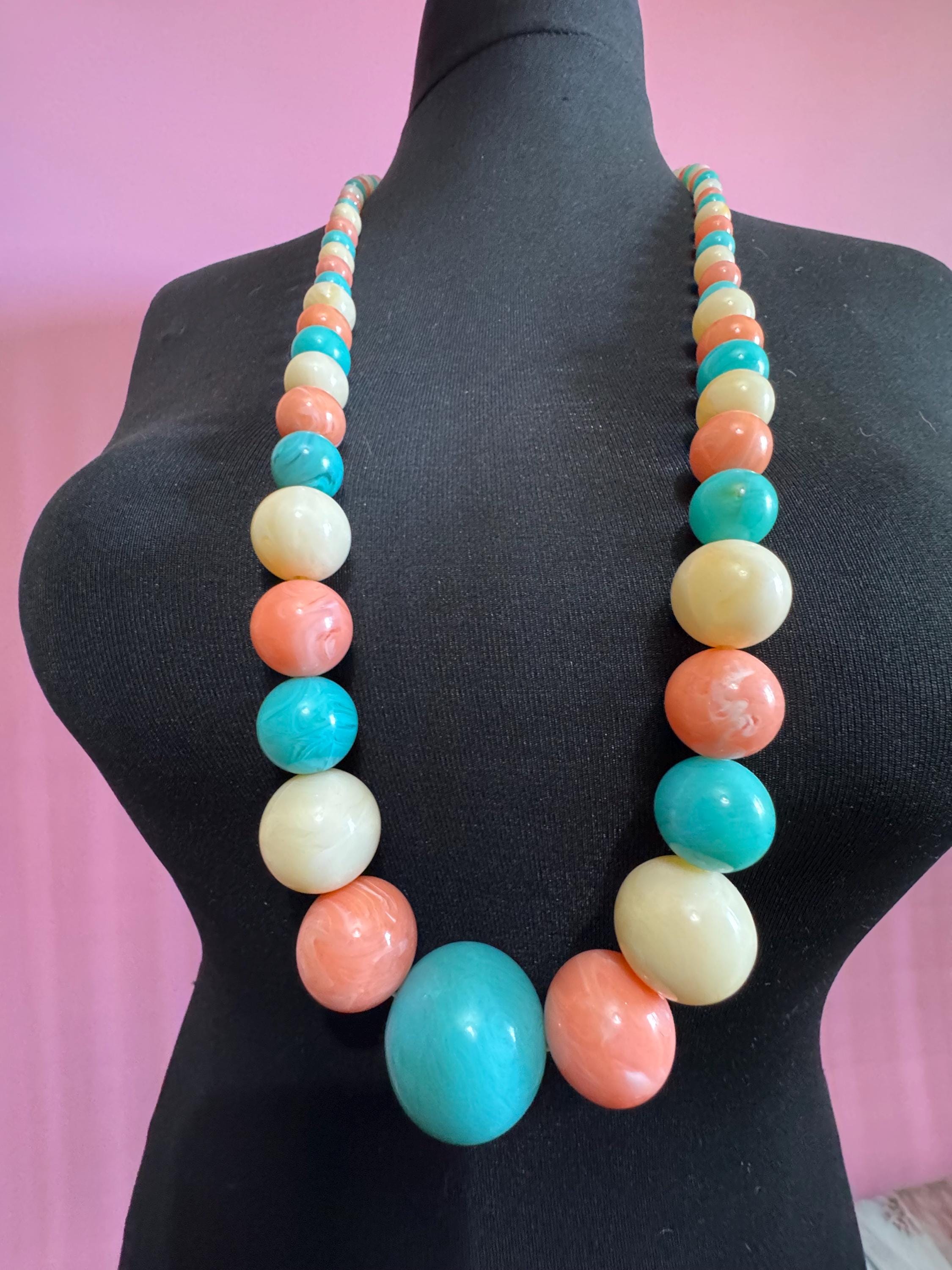 Vintage fabulously kitsch mid century bubblegum pink light blue and white plastic beaded long bead necklace 1950s 1960s