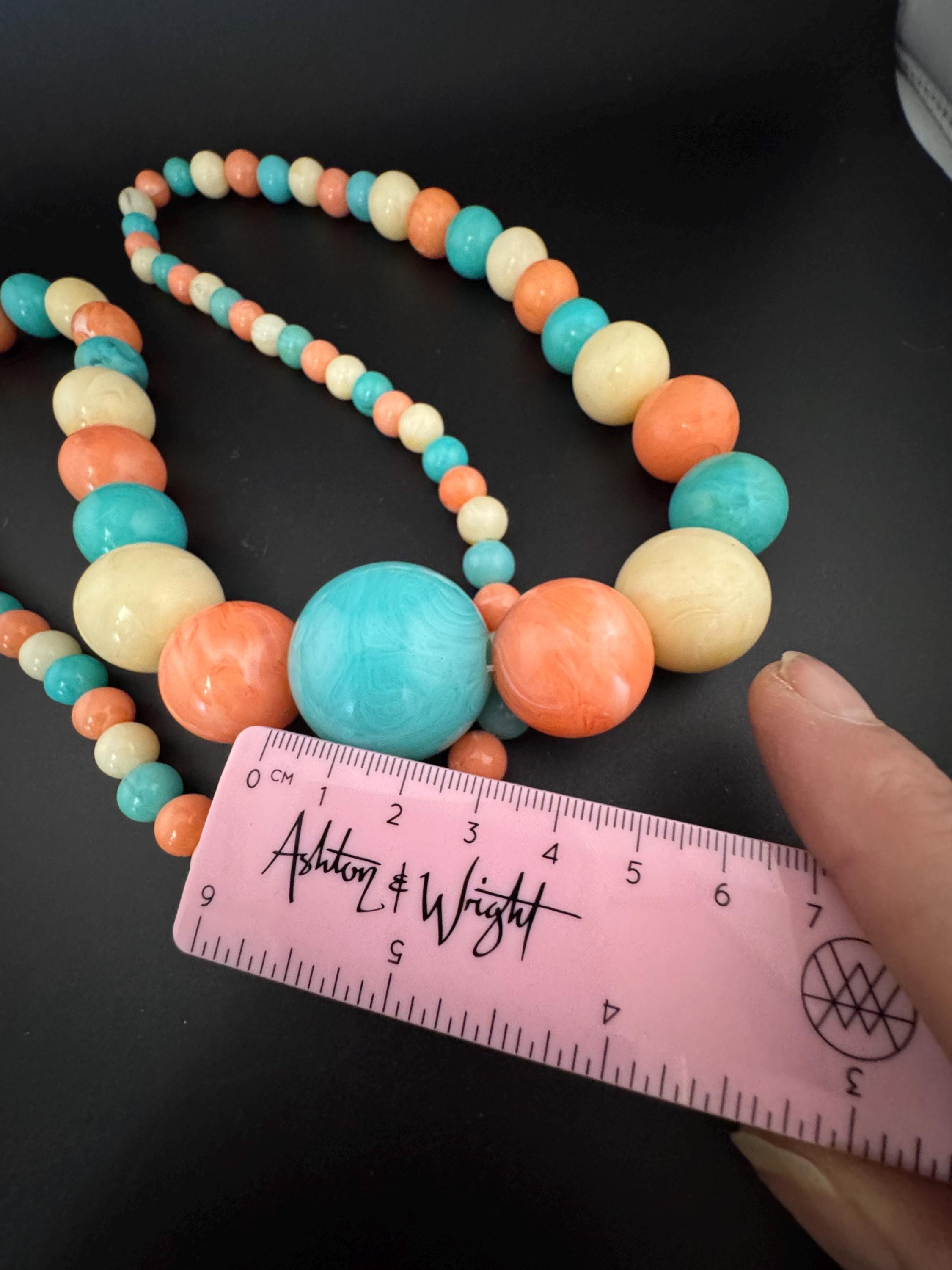 Vintage fabulously kitsch mid century bubblegum pink light blue and white plastic beaded long bead necklace 1950s 1960s