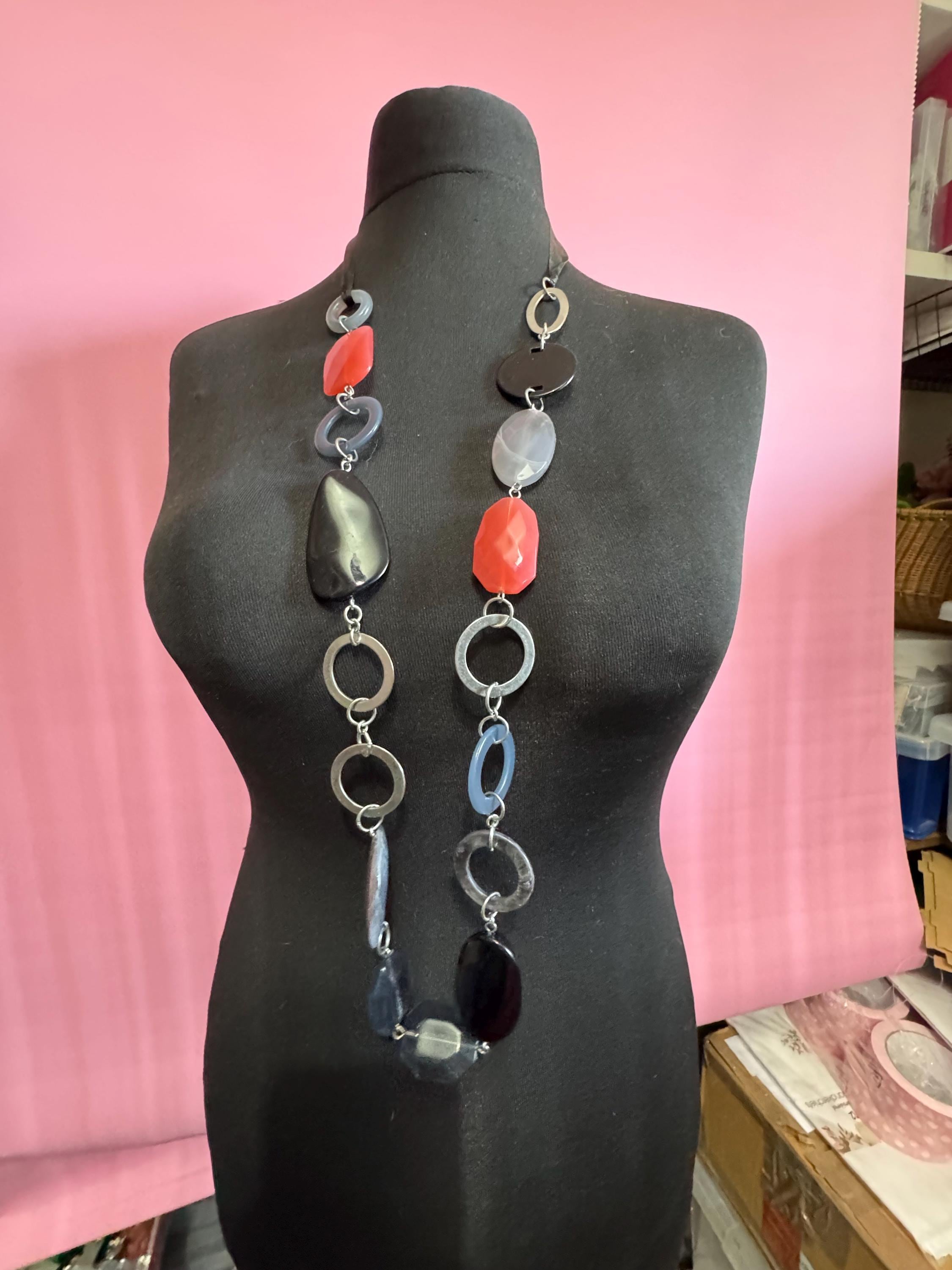 Retro long black red grey plastic abstract disc beaded station necklace 2000s on a black ribbon