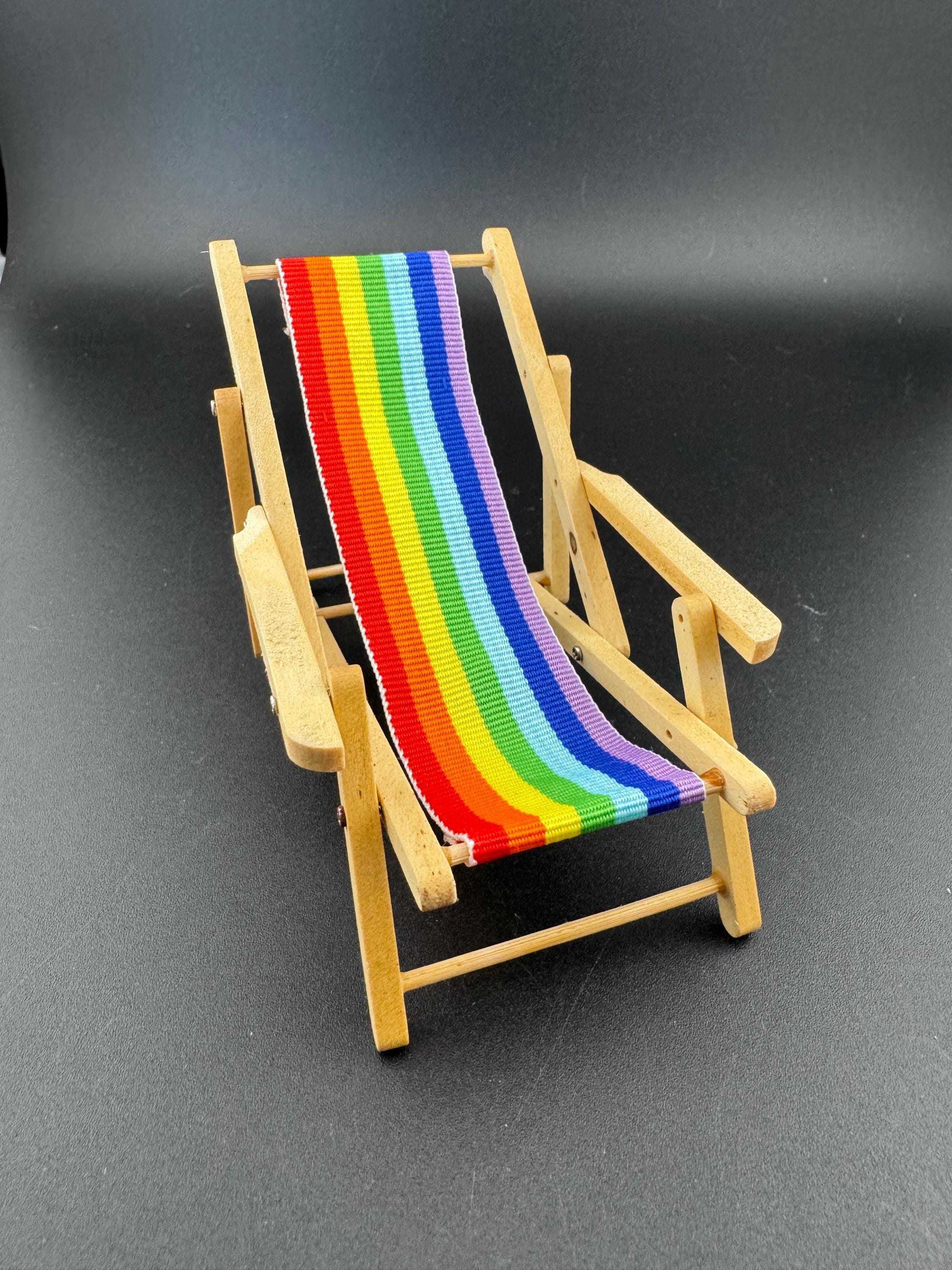 miniature wooden rainbow striped multicoloured folding deckchair seaside cake topper decoration, nautical mini scenery
