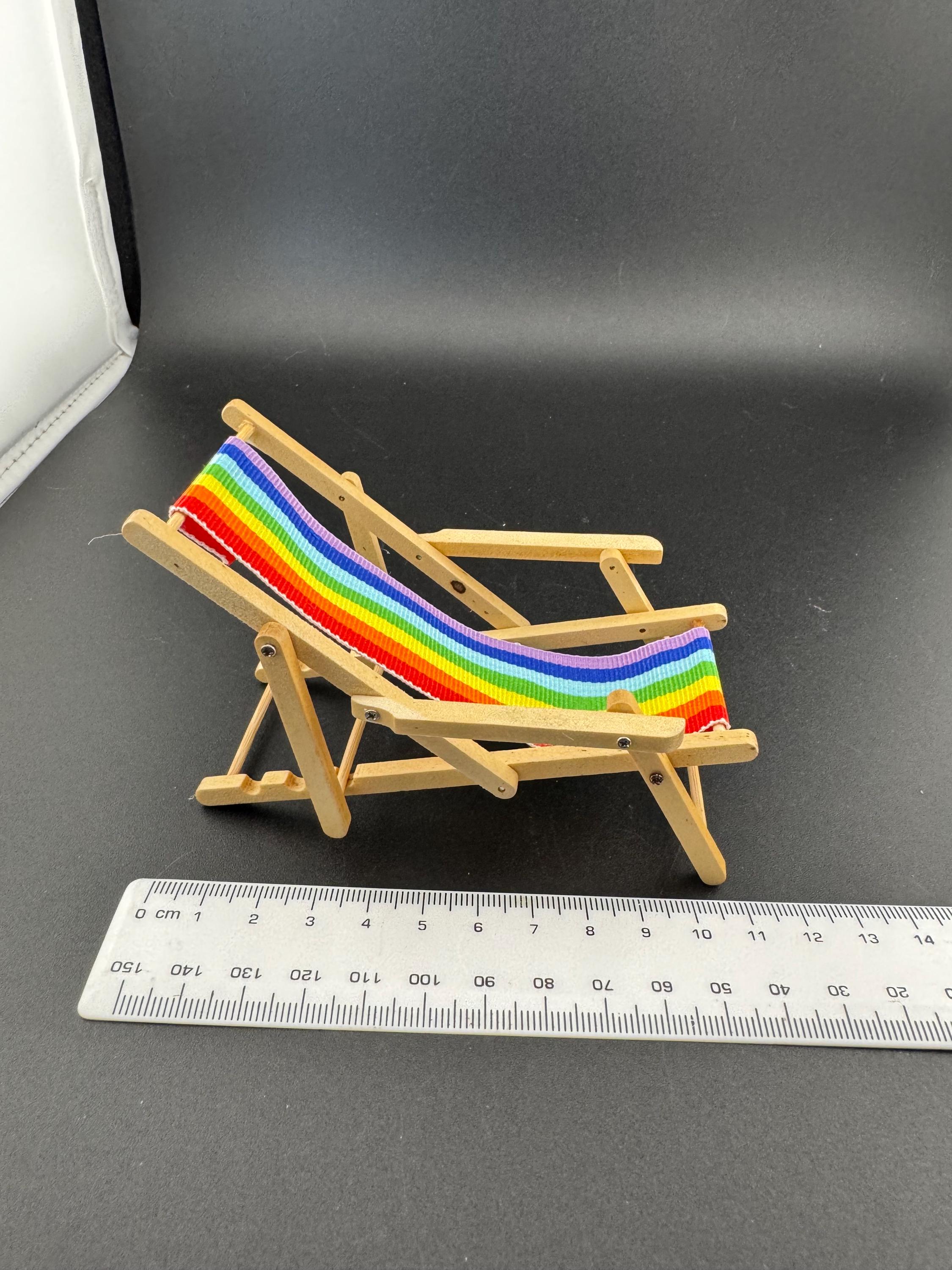 Deck chair cake topper miniature wooden rainbow striped multicoloured folding seaside cake decoration, nautical mini dollhouse scenery