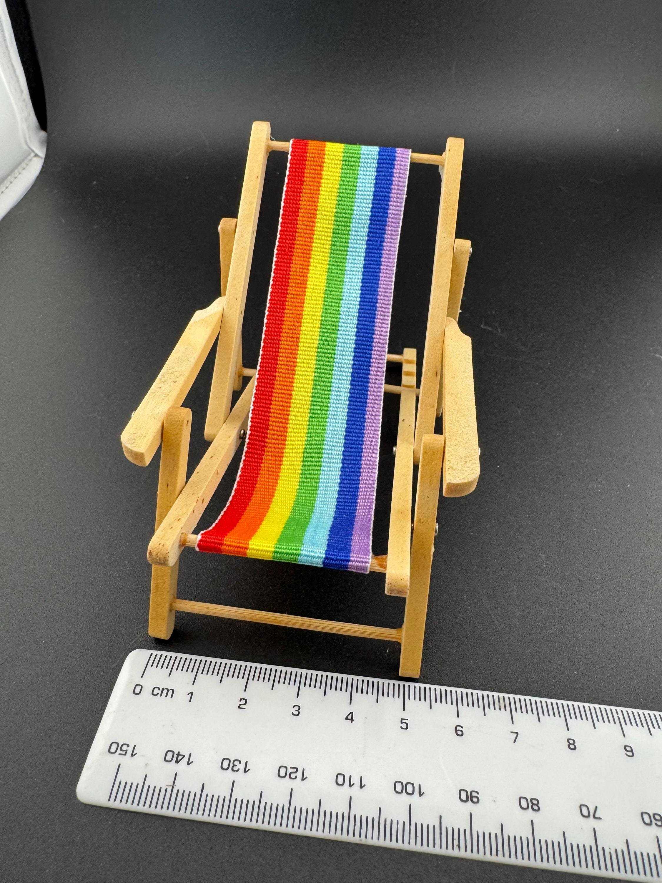 Deck chair cake topper miniature wooden rainbow striped multicoloured folding seaside cake decoration, nautical mini dollhouse scenery