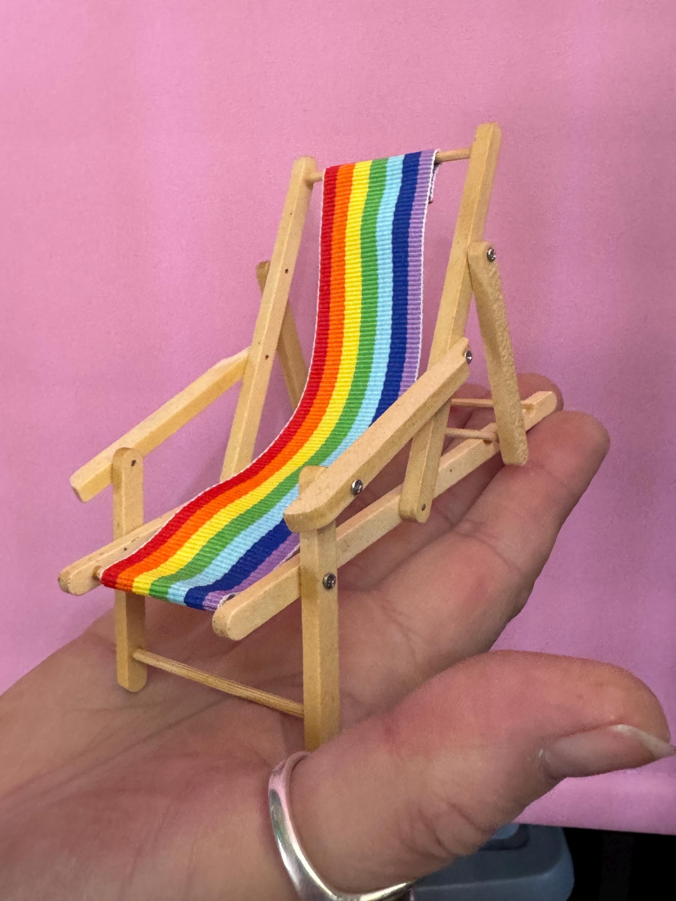 Deck chair cake topper miniature wooden rainbow striped multicoloured folding seaside cake decoration, nautical mini dollhouse scenery