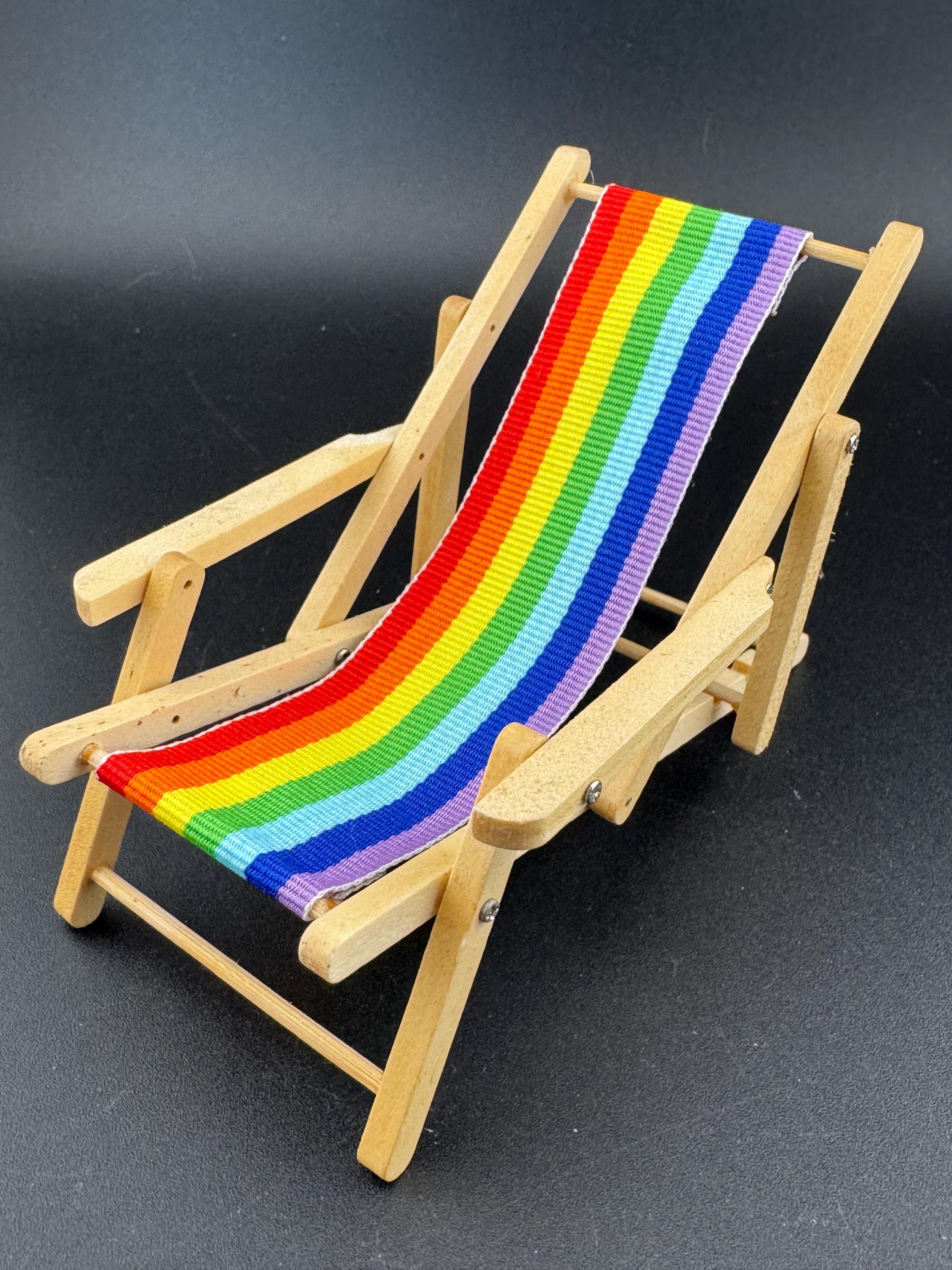 Deck chair cake topper miniature wooden rainbow striped multicoloured folding seaside cake decoration, nautical mini dollhouse scenery