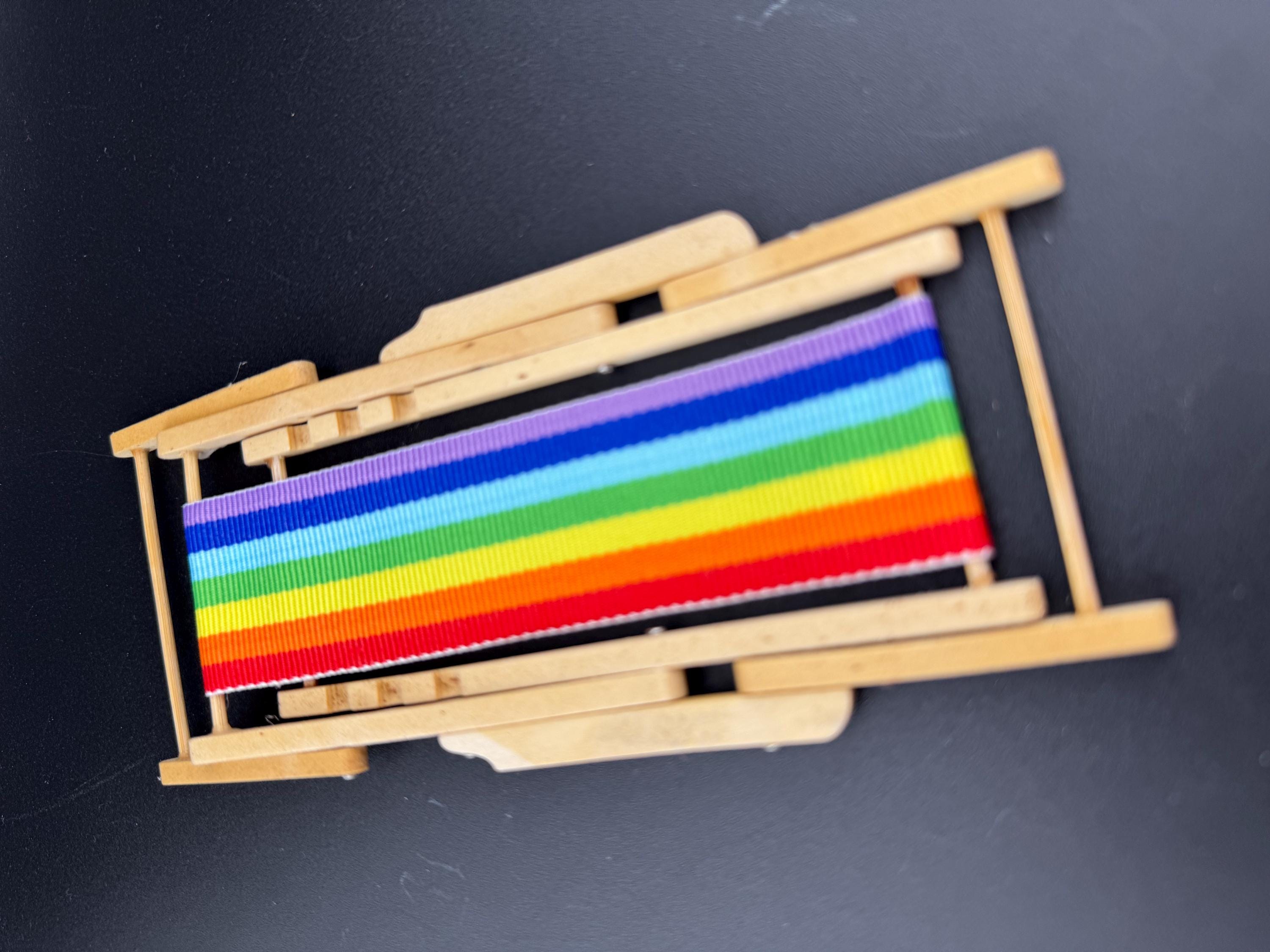 Deck chair cake topper miniature wooden rainbow striped multicoloured folding seaside cake decoration, nautical mini dollhouse scenery